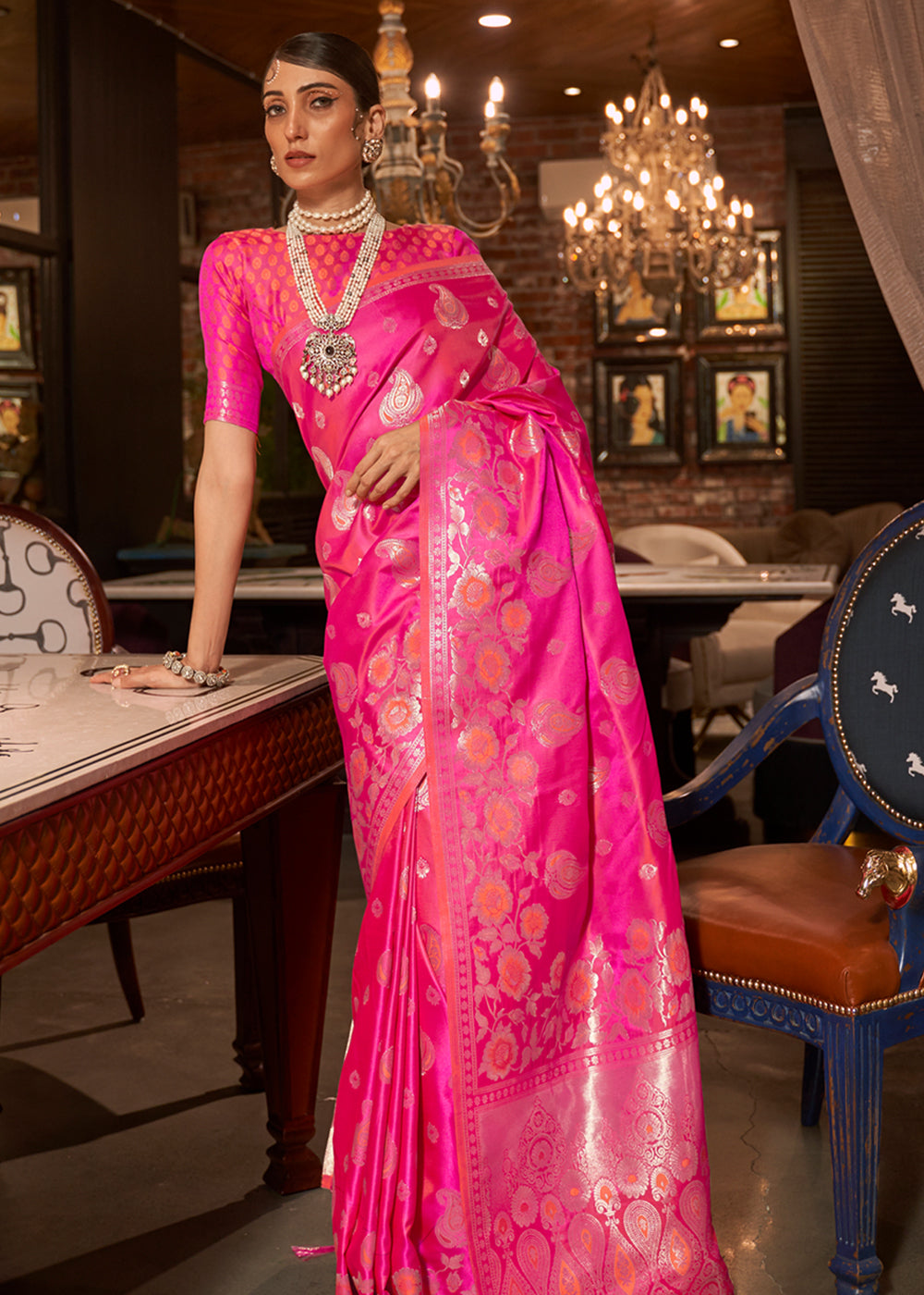 Wild Strawberry Pink Banarasi Woven Satin Silk Saree