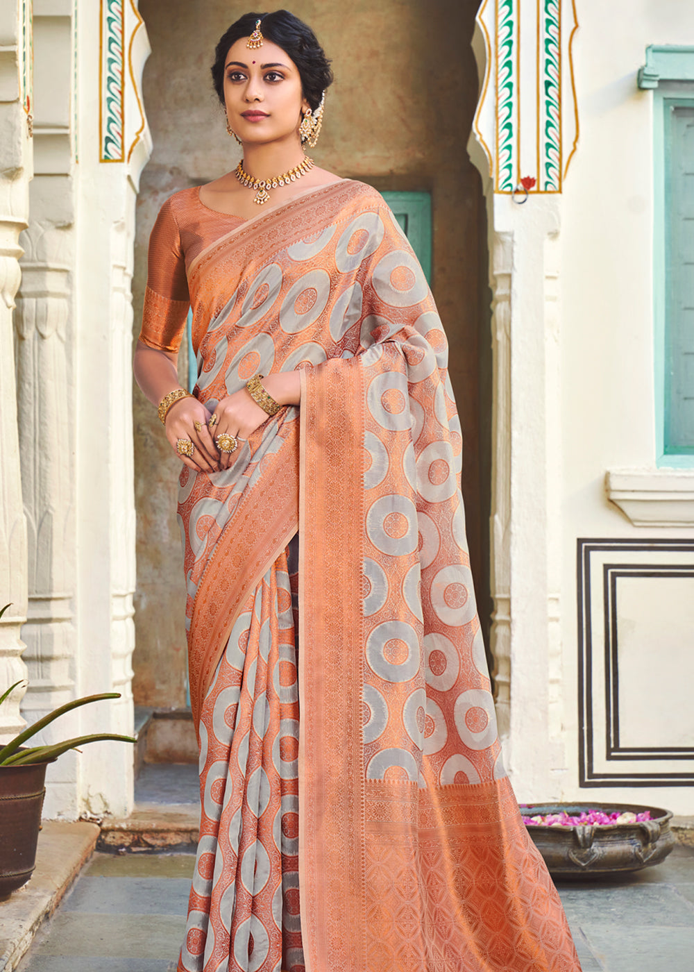 Silver Rust Grey Woven Banarasi Organza Silk Saree