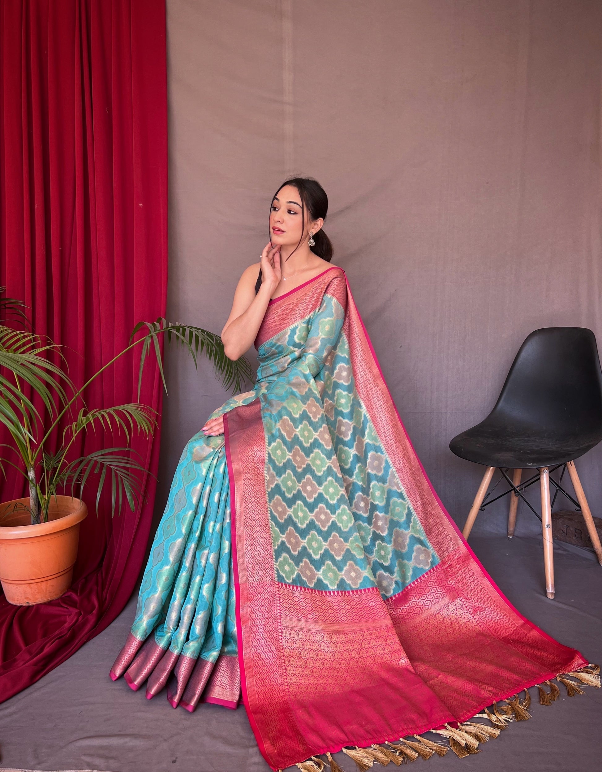 Glacier Blue Woven Organza Silk Saree