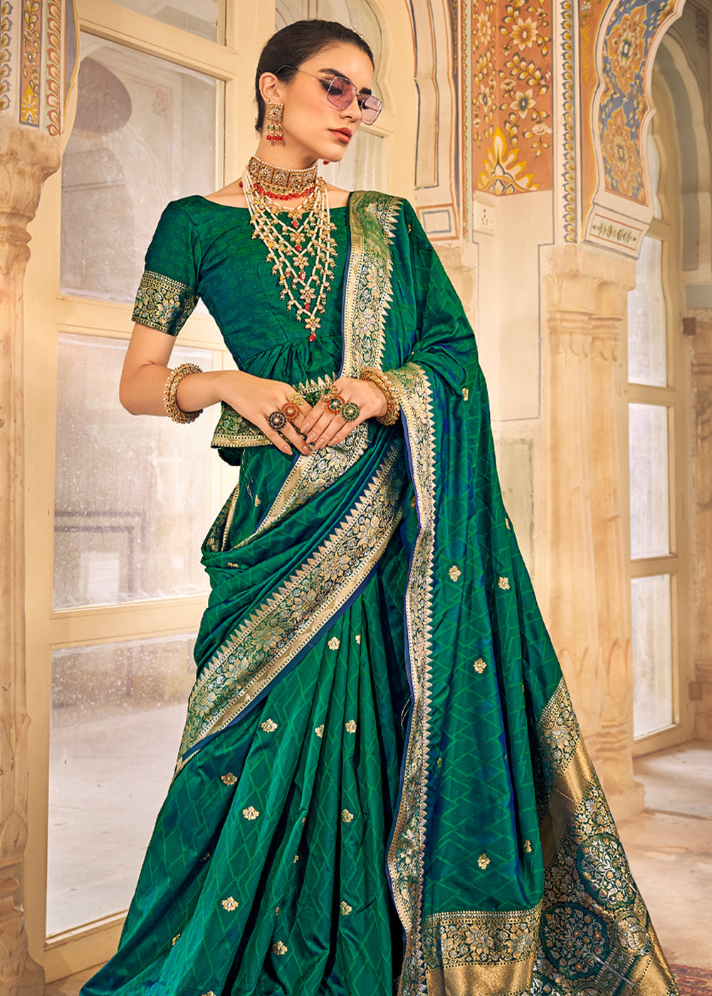 Aqua Deep Green Woven Banarasi Satin Silk Saree