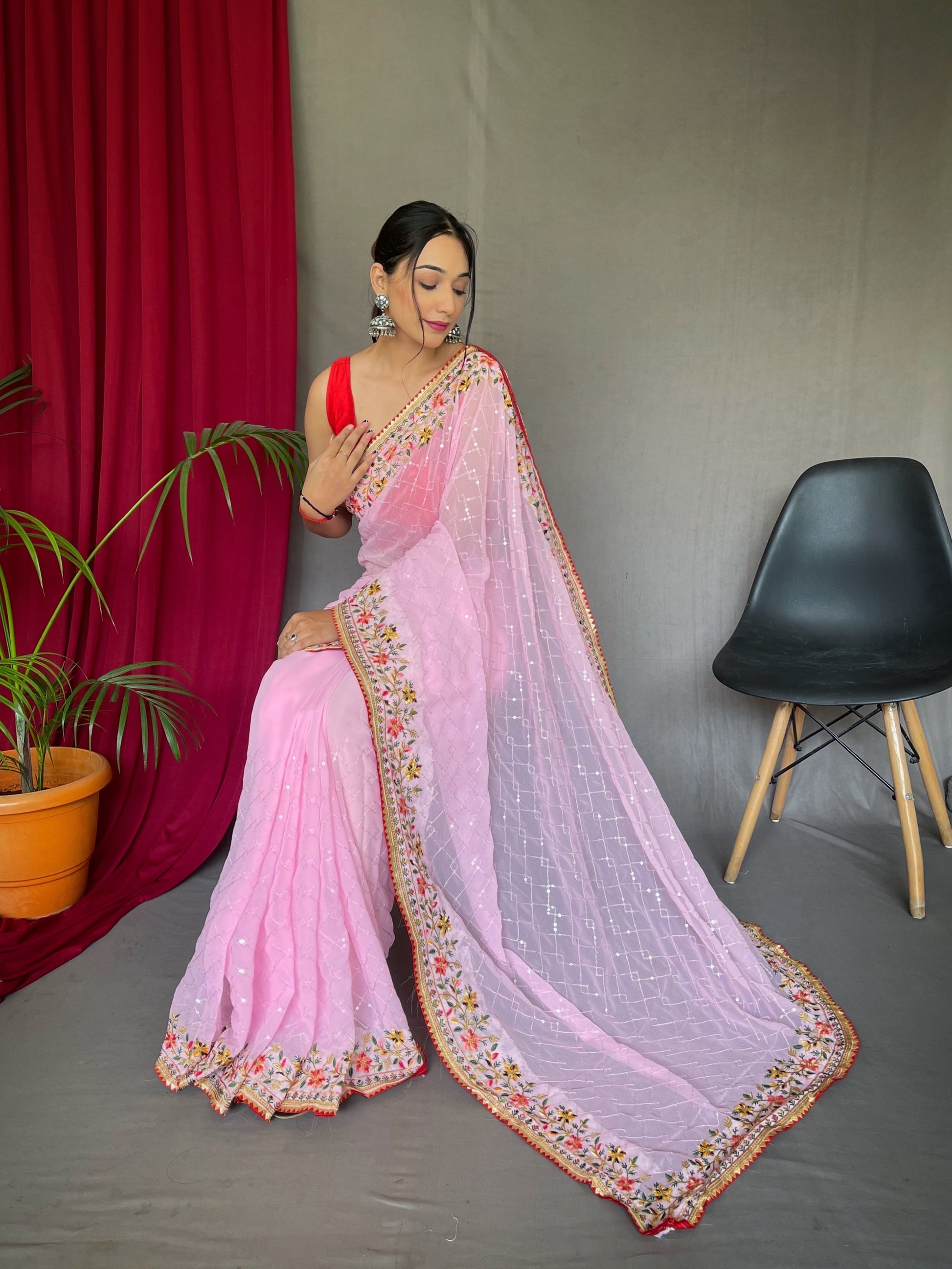 Cupid Pink Georgette Sequins Designer Saree with Embroidered Border