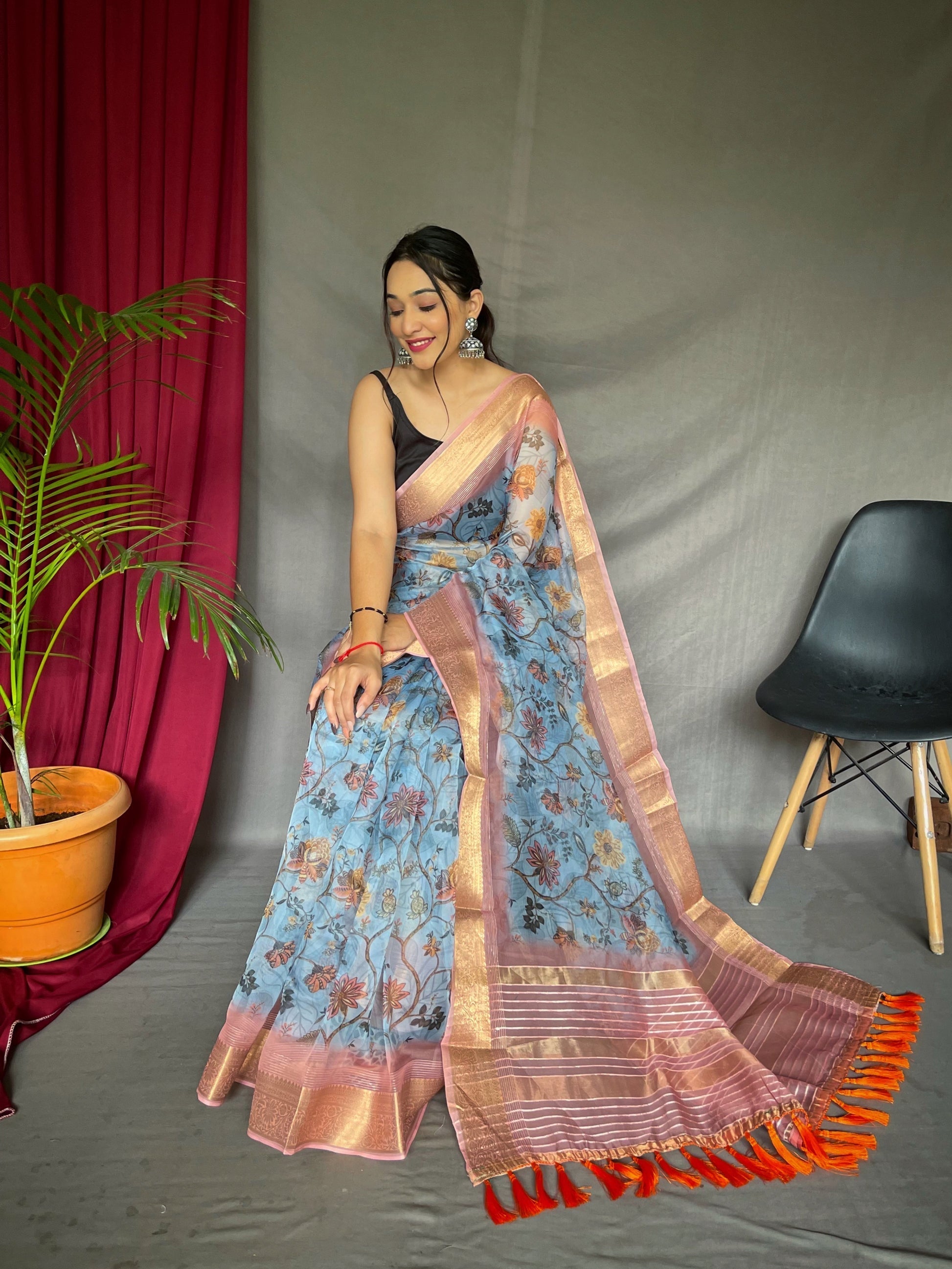 Bombay Blue Organza Floral Printed with Sequins Jacquard Woven Saree