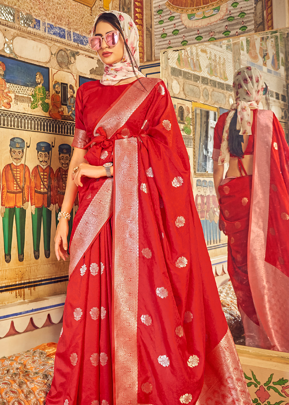 Amaranth Red Banarasi Woven Silk Saree