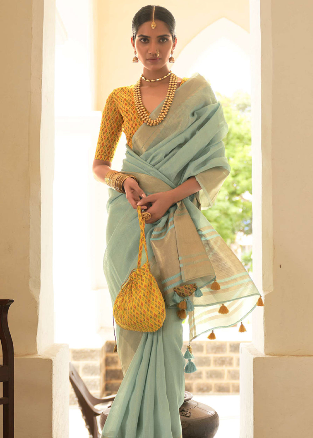 Locust Blue and Yellow Organza Silk Saree