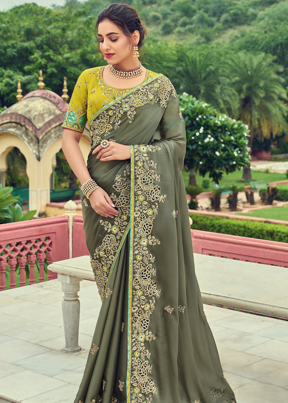 Limed Ash Green Designer Embroidered Satin Silk Saree