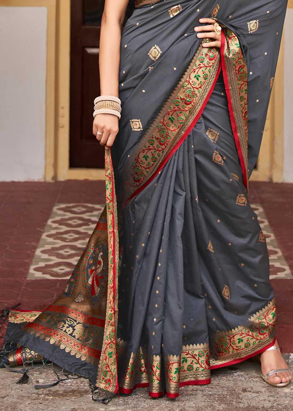 Abbey Grey Banarasi Woven Soft Silk Saree