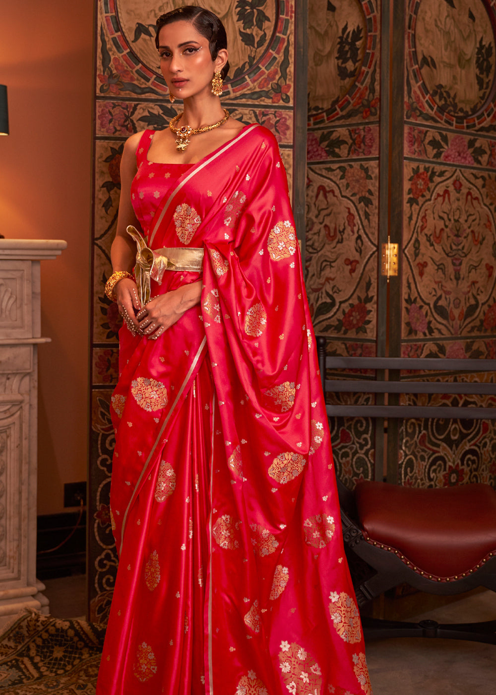 Scarlet Red Woven Satin Silk Saree