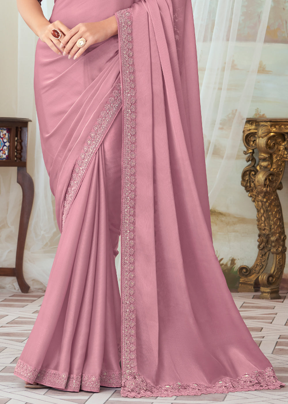 Old Rose Pink Woven Satin Silk Saree