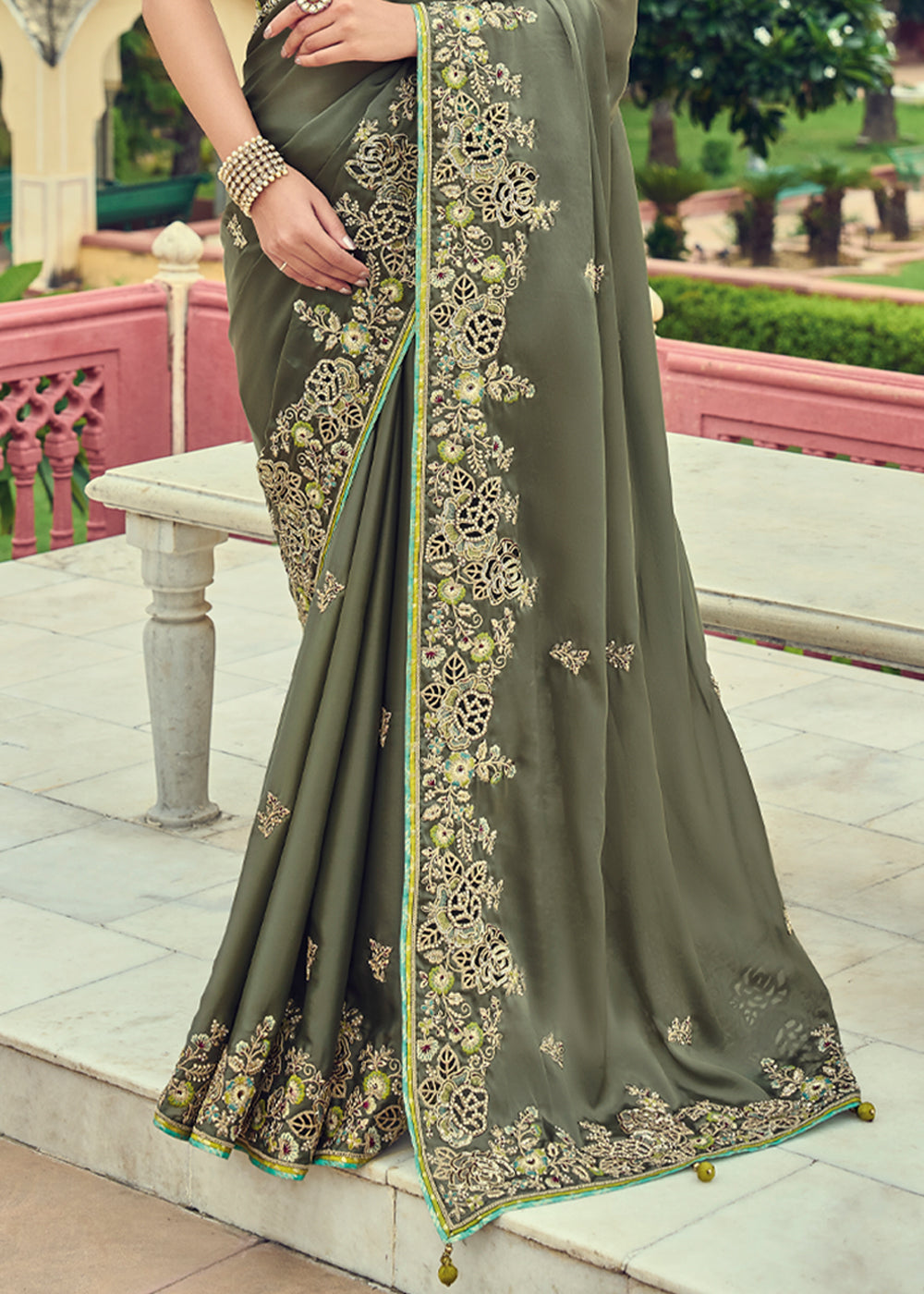 Limed Ash Green Designer Embroidered Satin Silk Saree