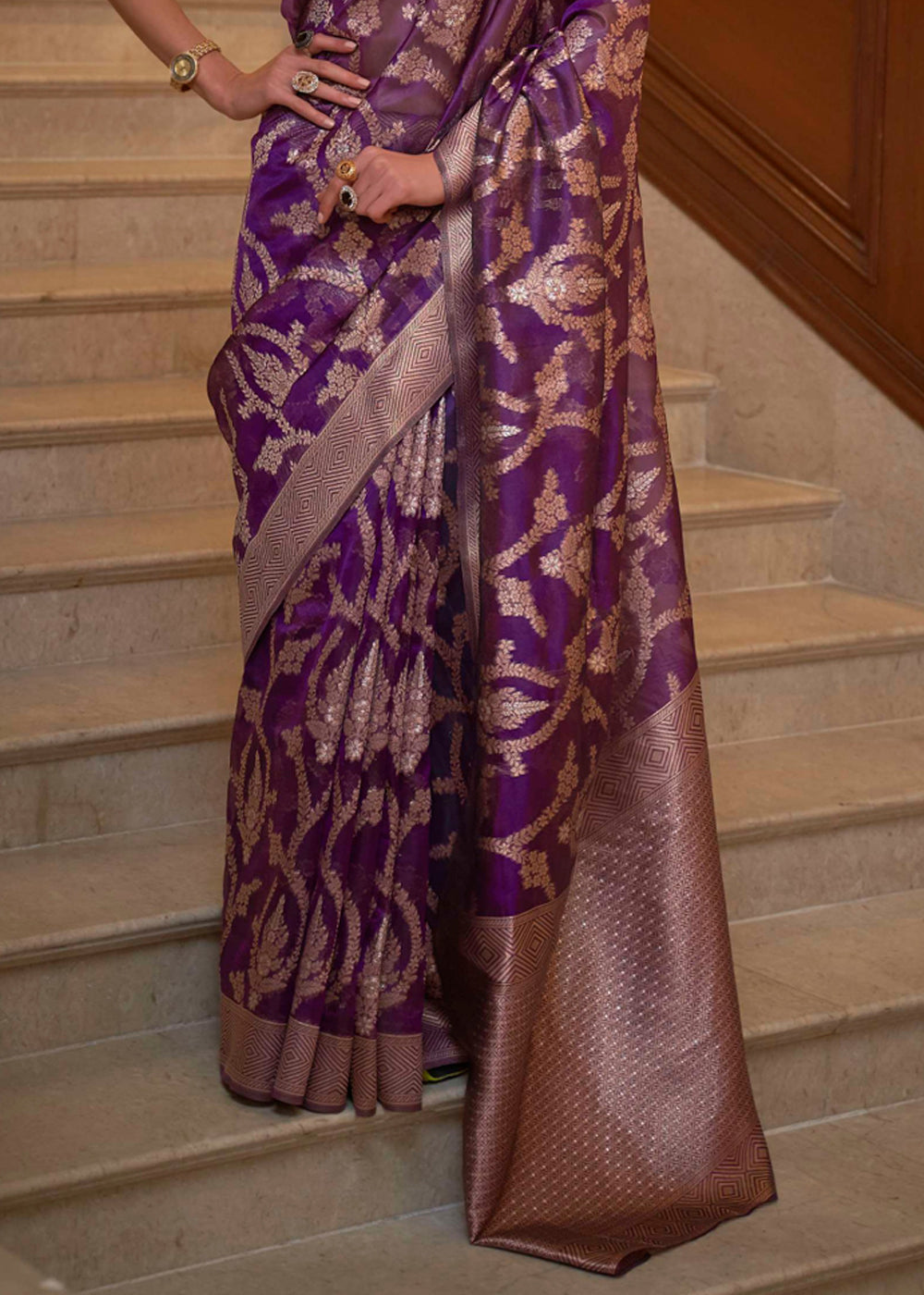 Finn Purple Woven Organza Banarasi Silk Saree