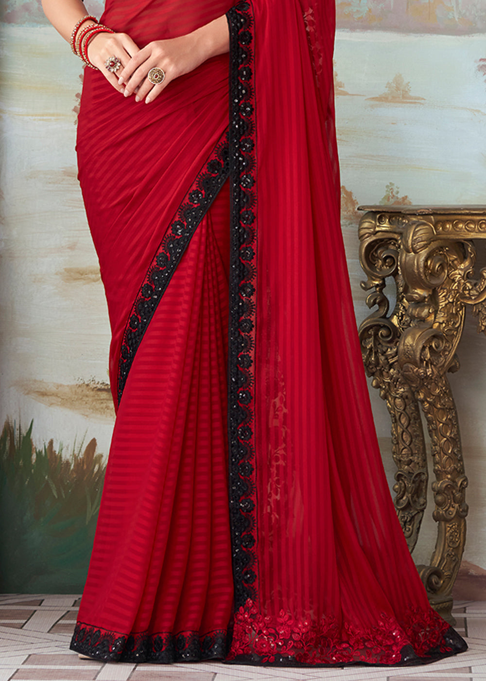 Cherry Red Designer Embroidered Satin Silk Saree