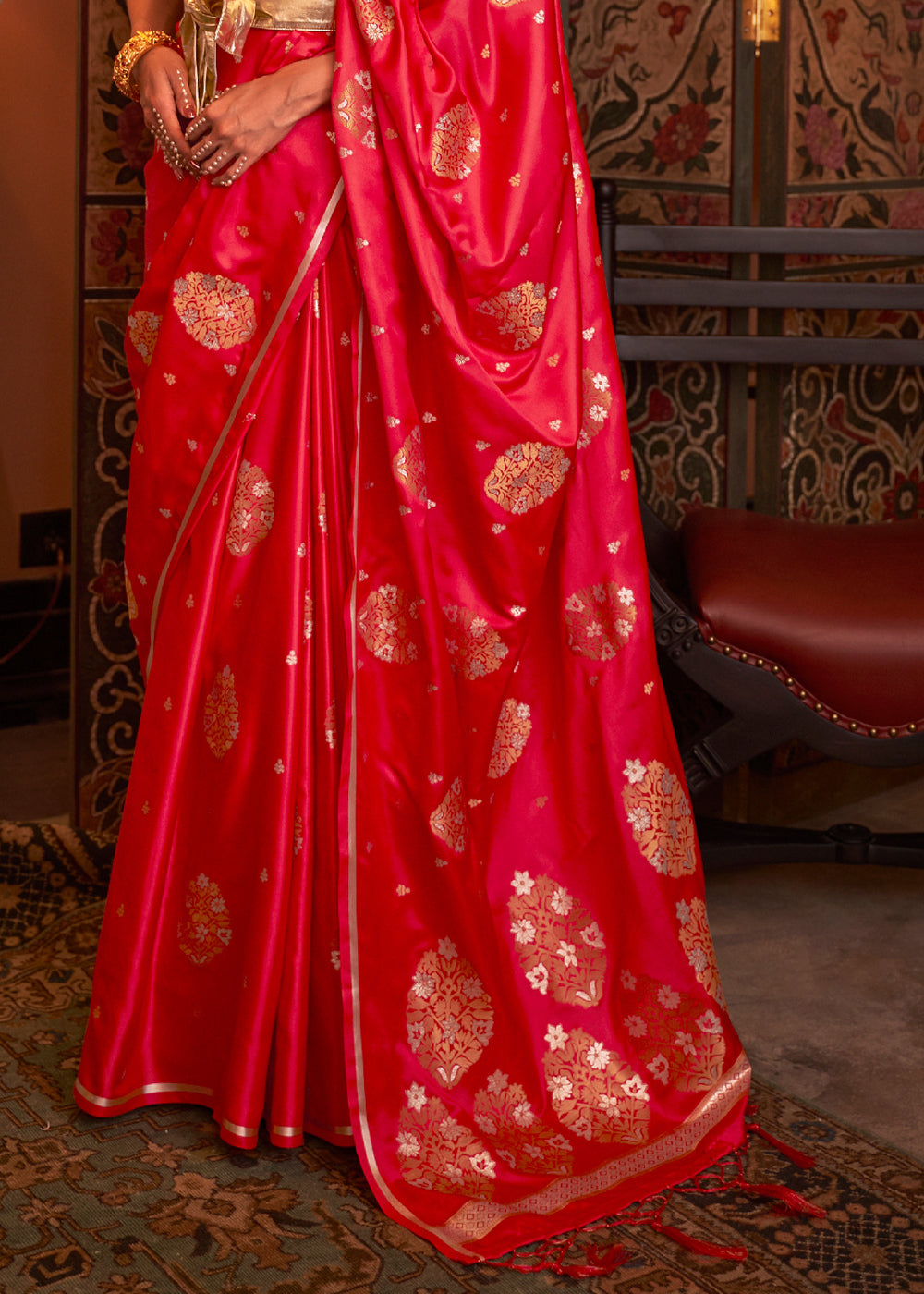 Scarlet Red Woven Satin Silk Saree