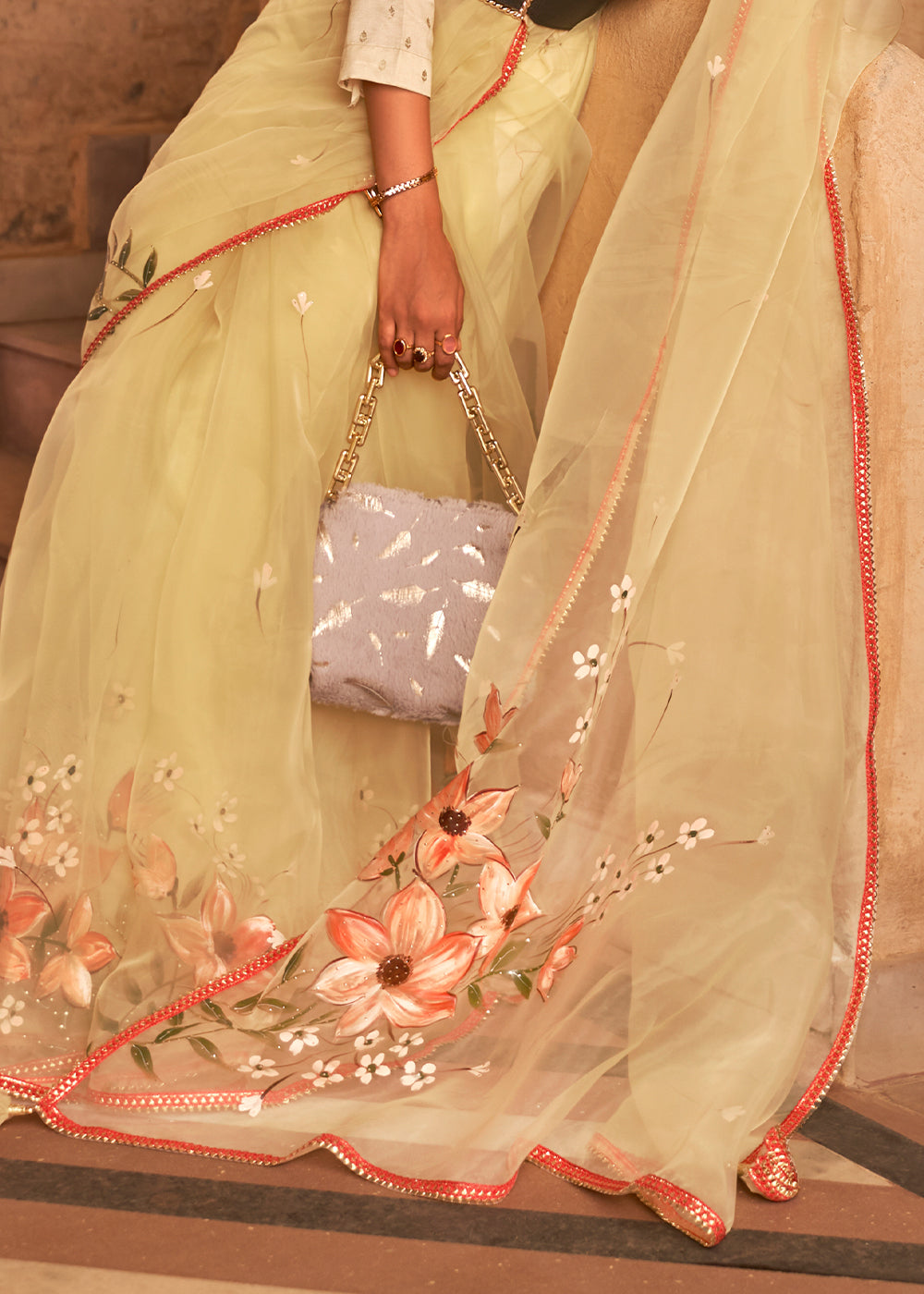 Wild Rice Yellow Digital Print Organza Saree