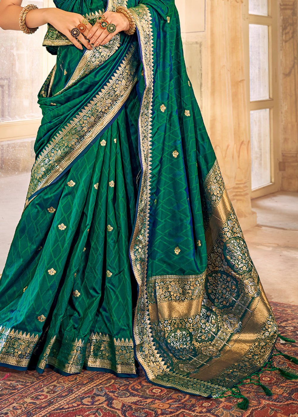 Aqua Deep Green Woven Banarasi Satin Silk Saree