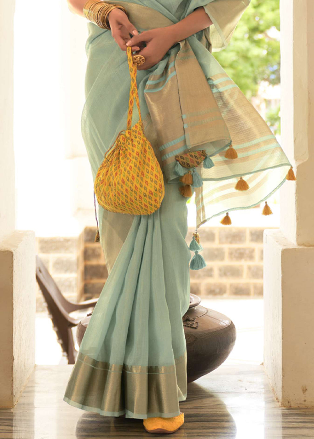 Locust Blue and Yellow Organza Silk Saree