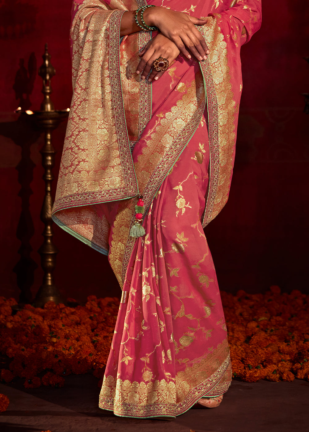 Wild Watermelon Pink Woven Banarasi Georgette Silk Saree