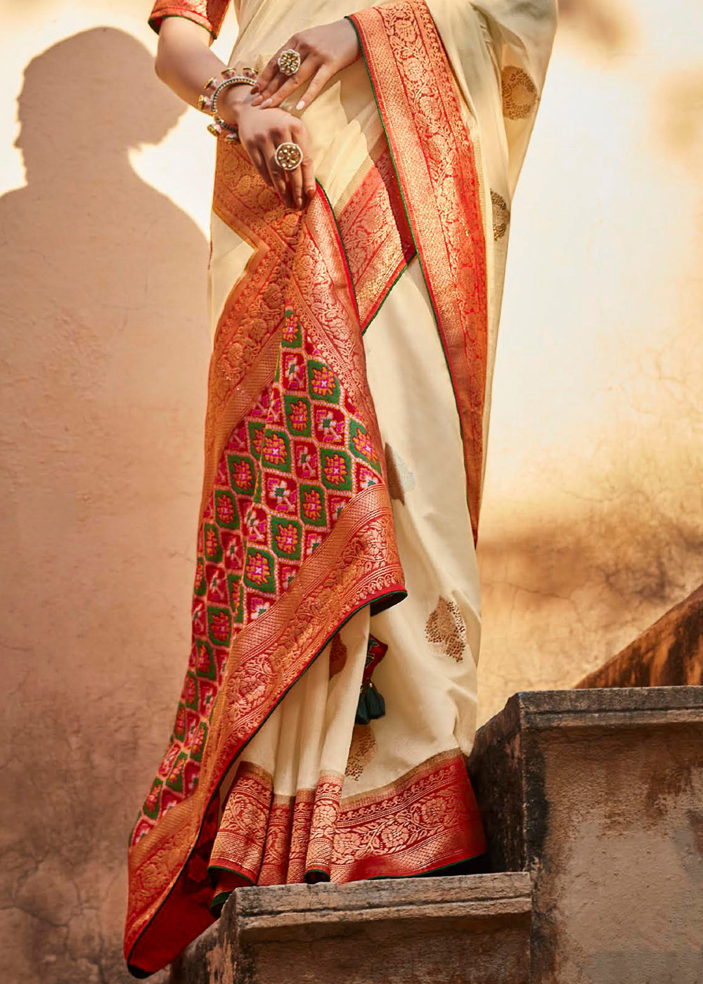 Chalky Cream Woven Patola Designer Silk Saree