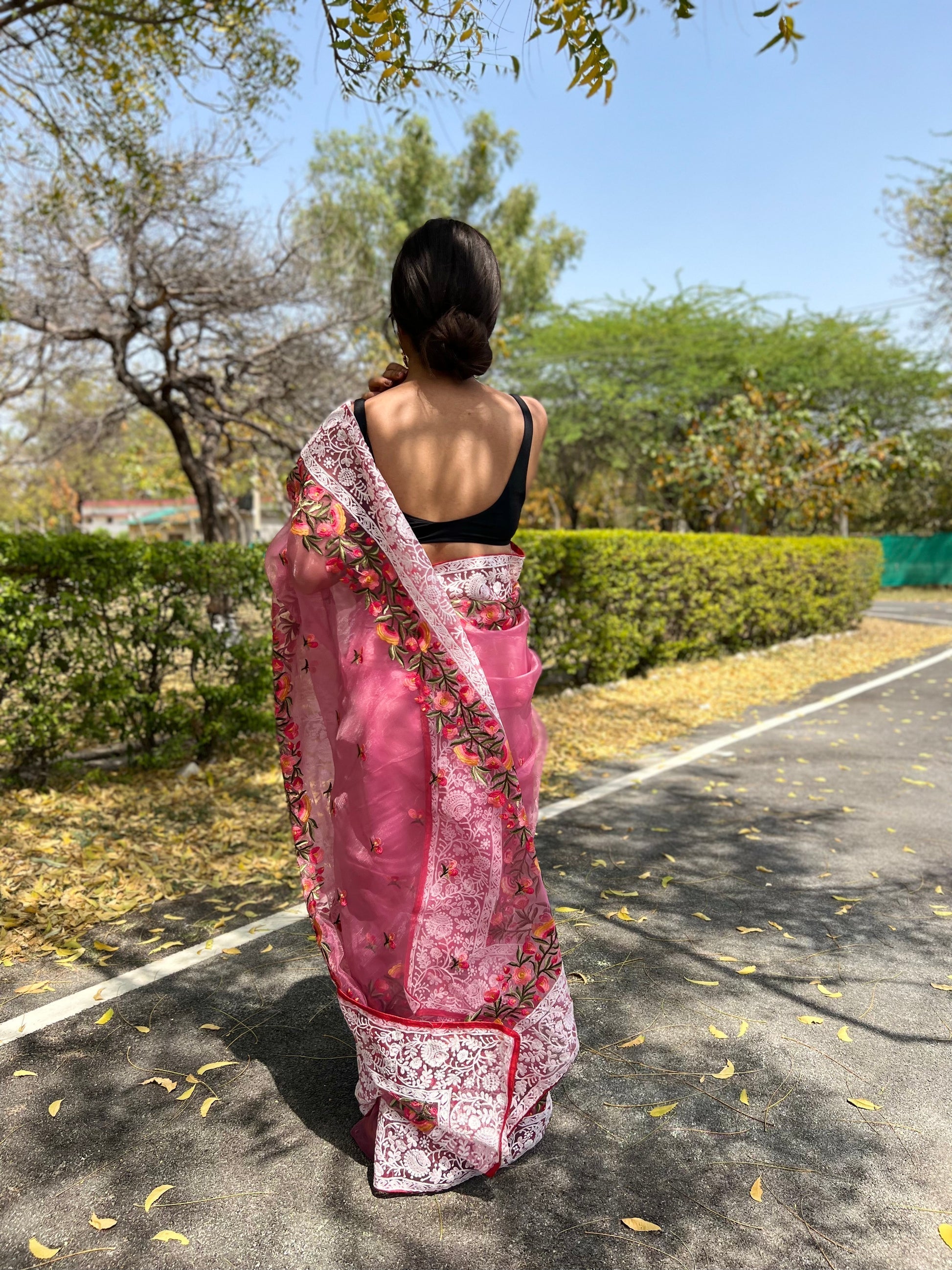 Baby Pink Lucknowi Chikankari Organza Silk Saree