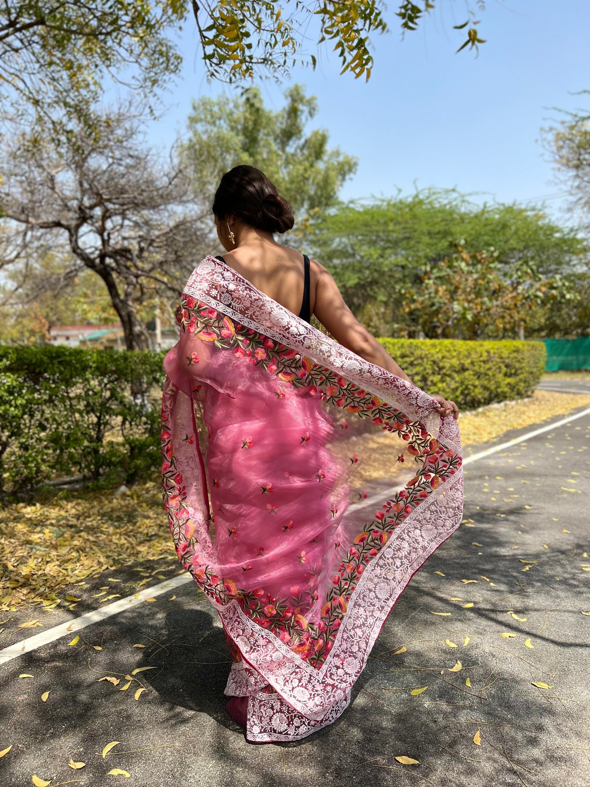 Baby Pink Lucknowi Chikankari Organza Silk Saree