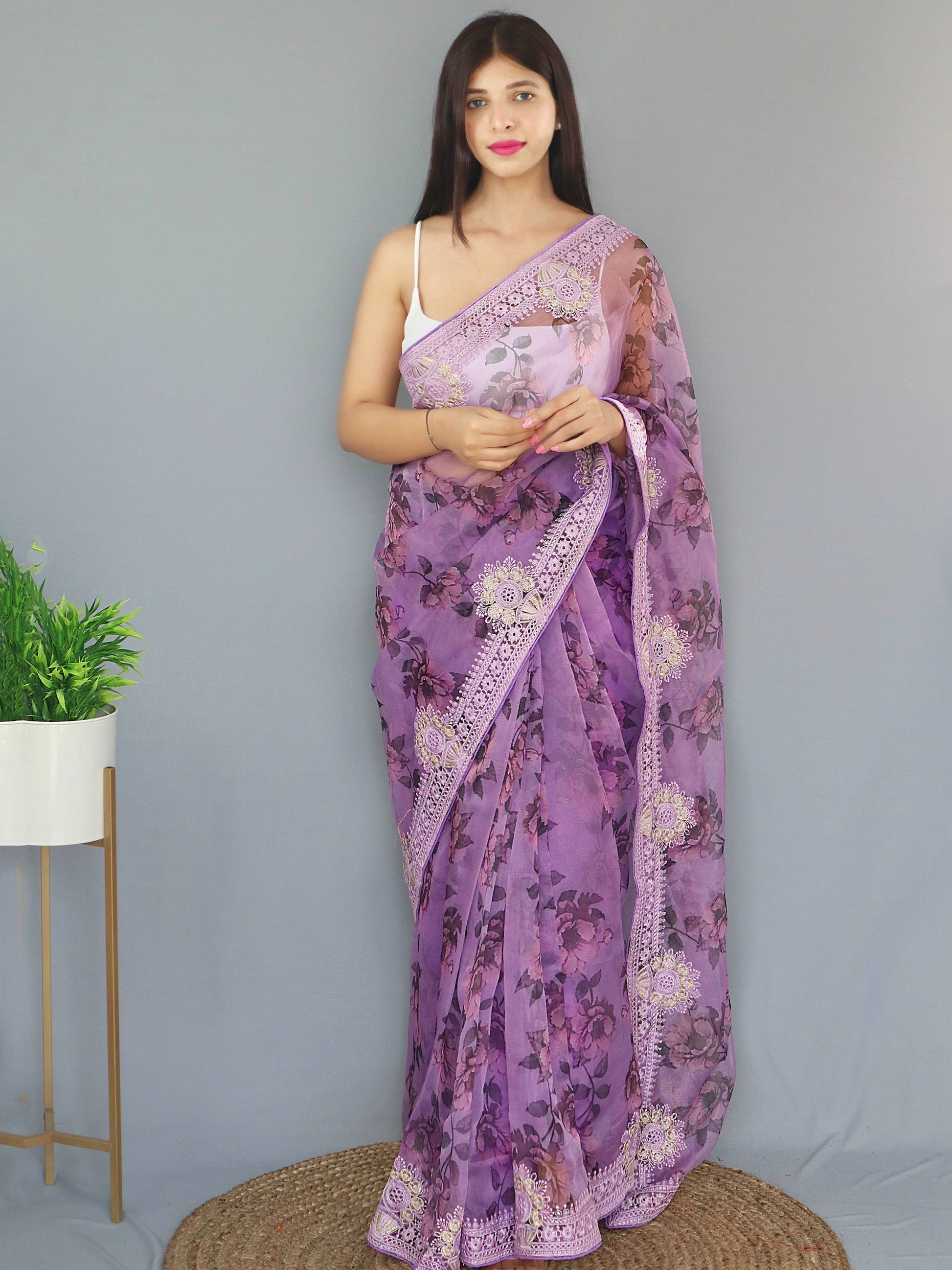 Lily Lavender Purple Organza Digital Floral Printed Saree