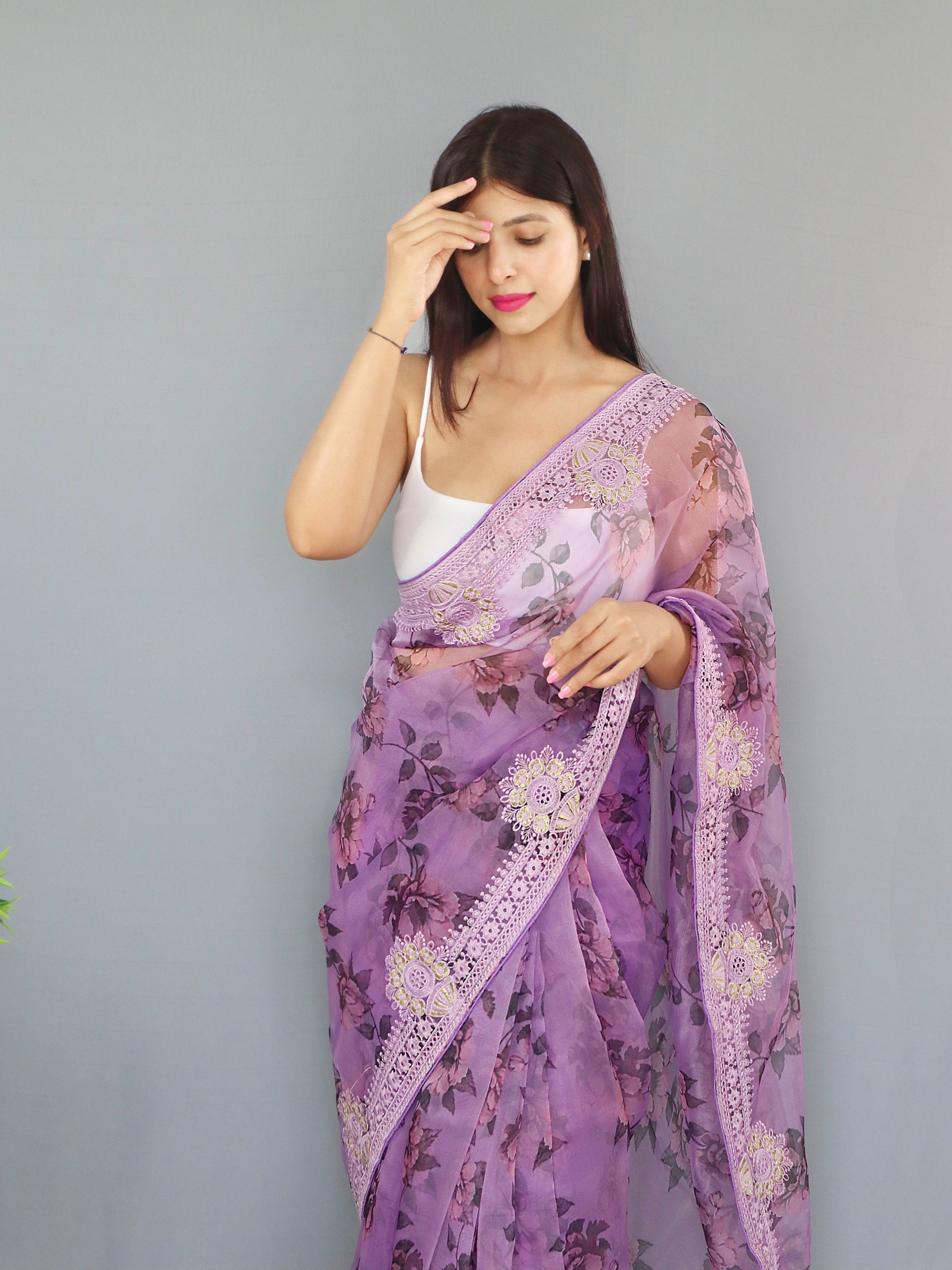 Lily Lavender Purple Organza Digital Floral Printed Saree