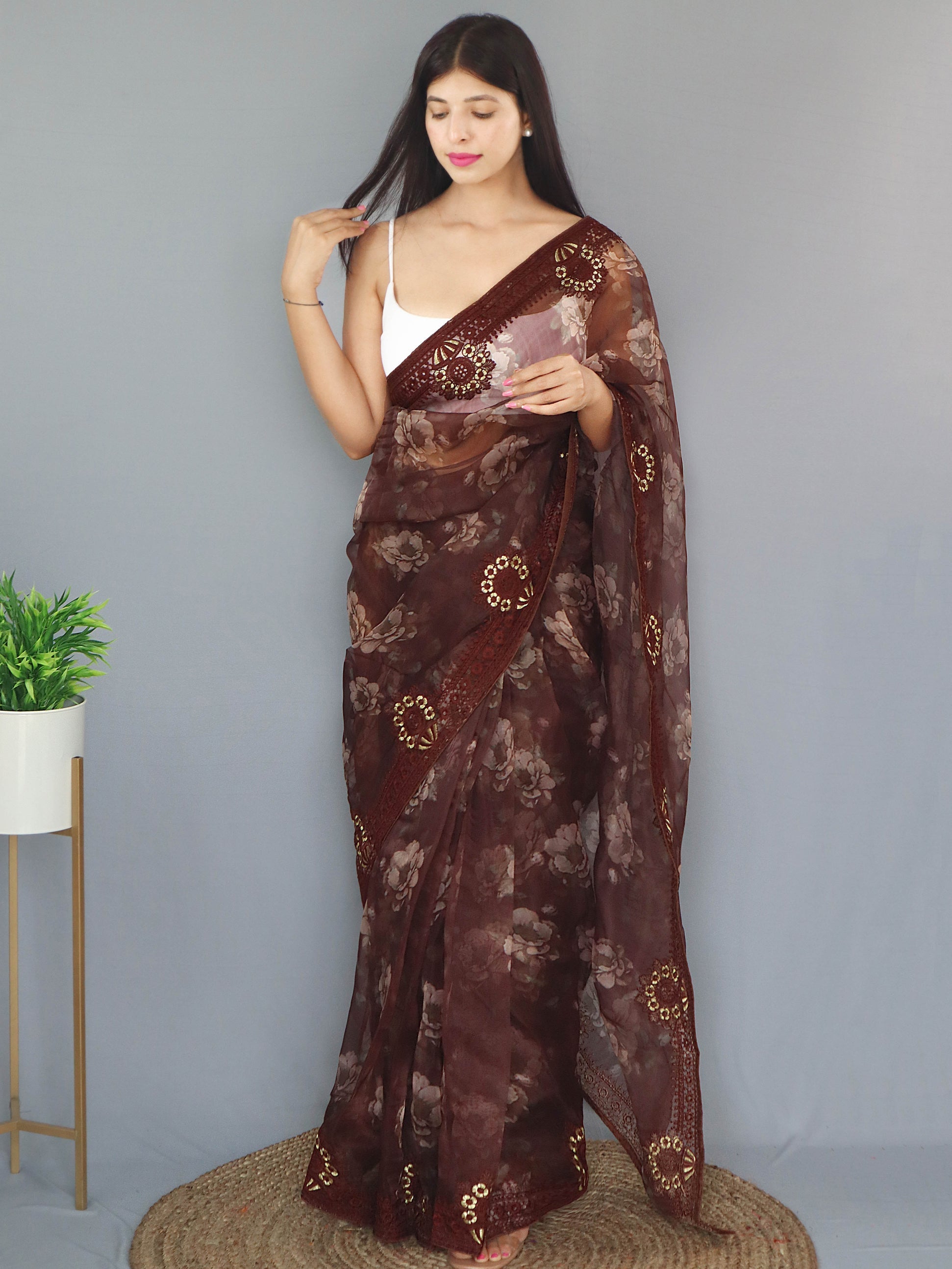 Crater Brown Organza Digital Floral Printed Saree