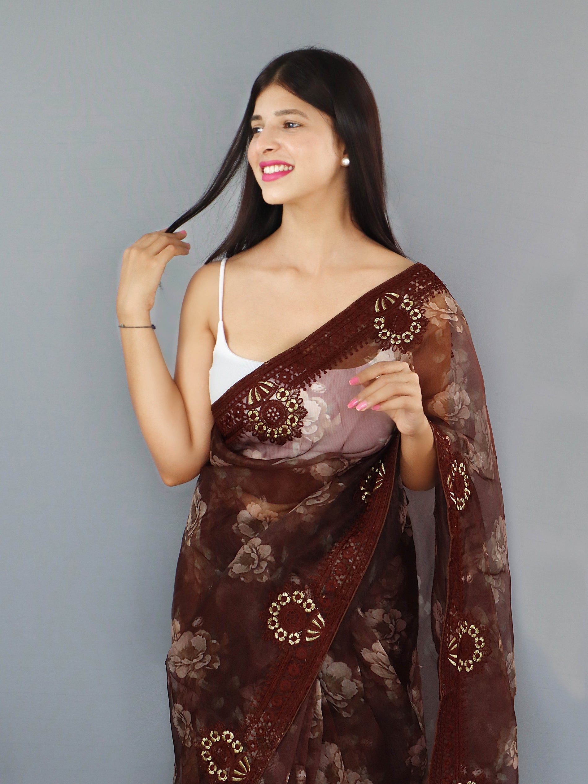 Crater Brown Organza Digital Floral Printed Saree