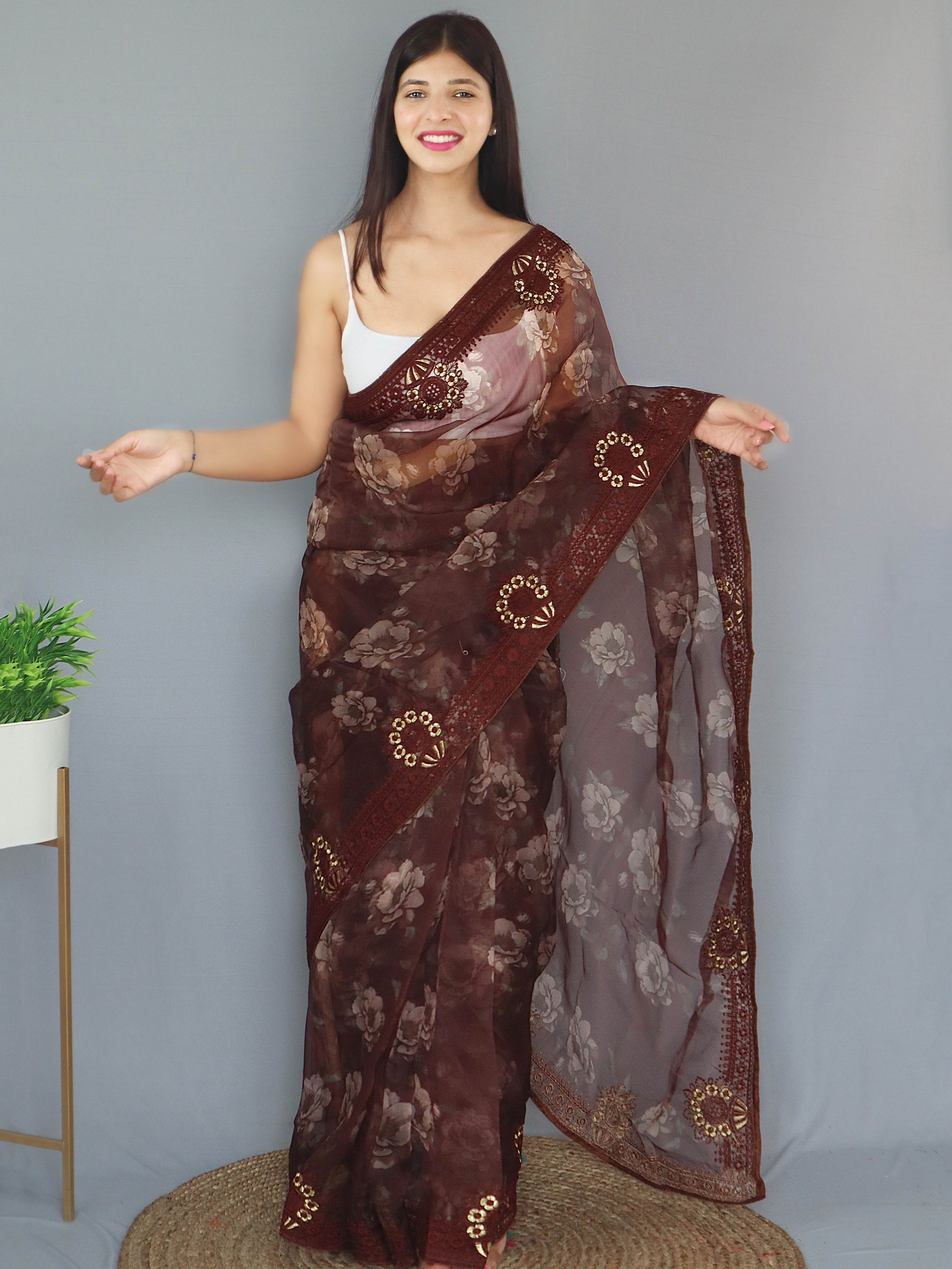 Crater Brown Organza Digital Floral Printed Saree