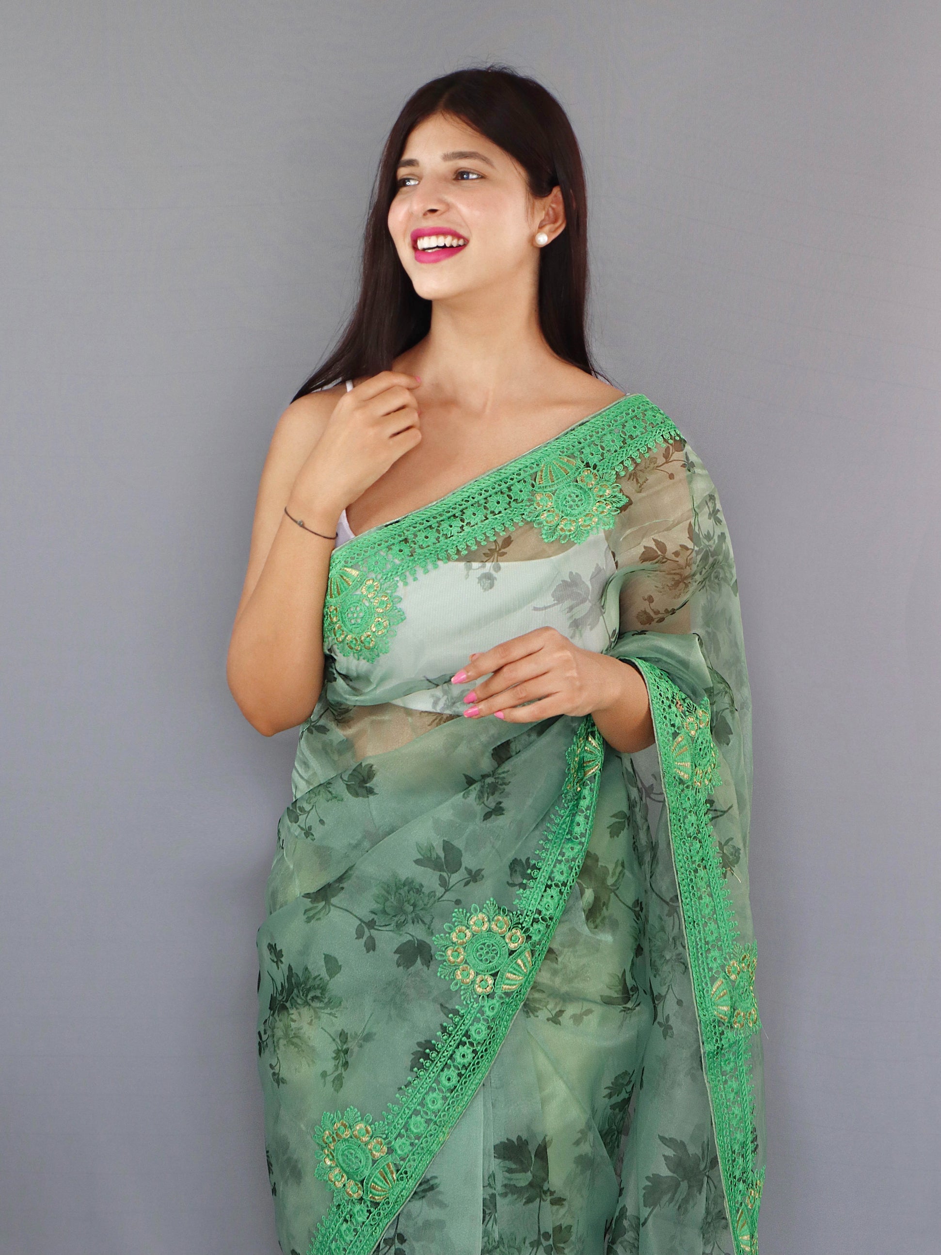 Silver Tree Green Organza Digital Floral Printed Saree