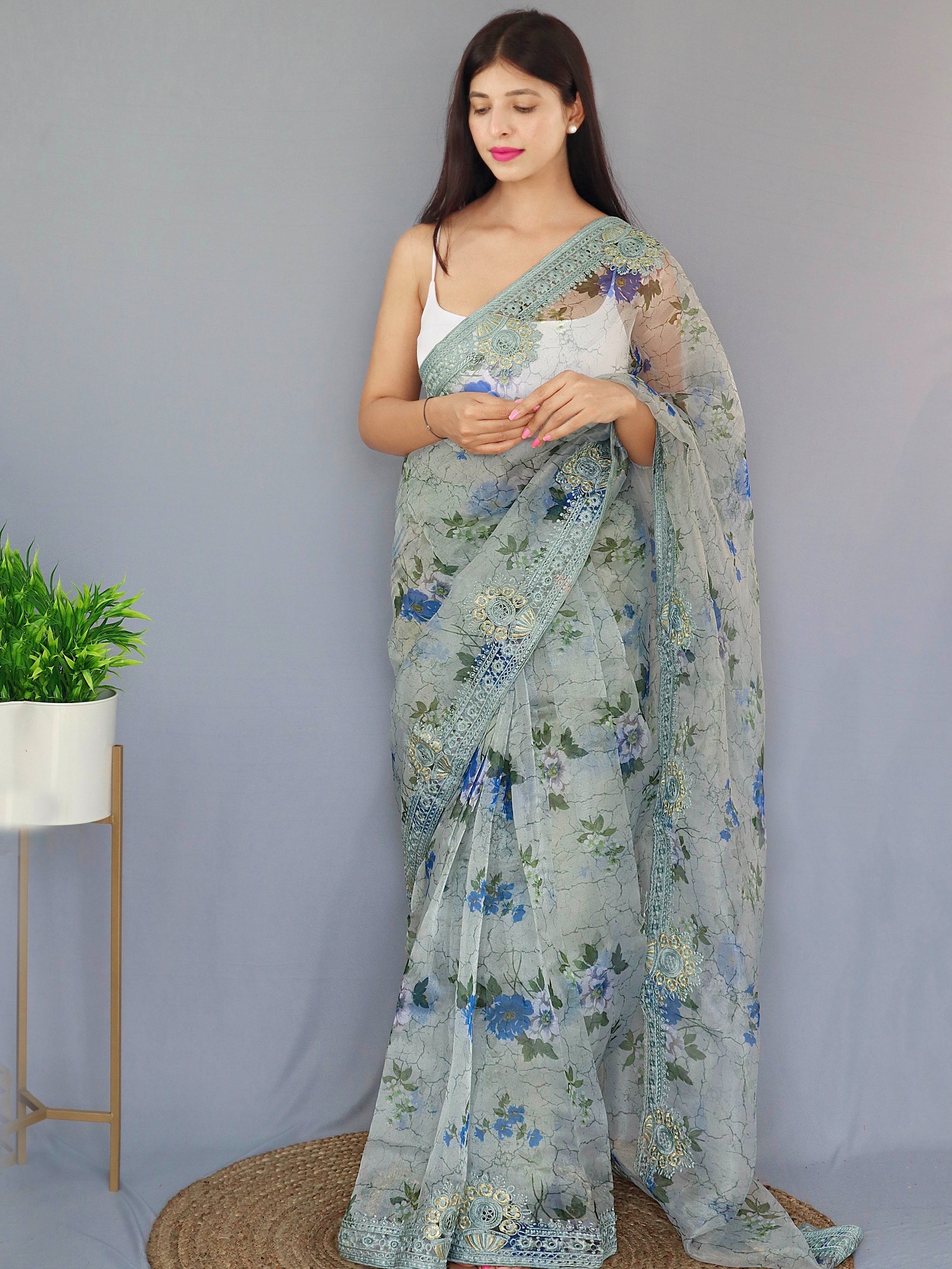 Smoke Grey Organza Digital Floral Printed Saree