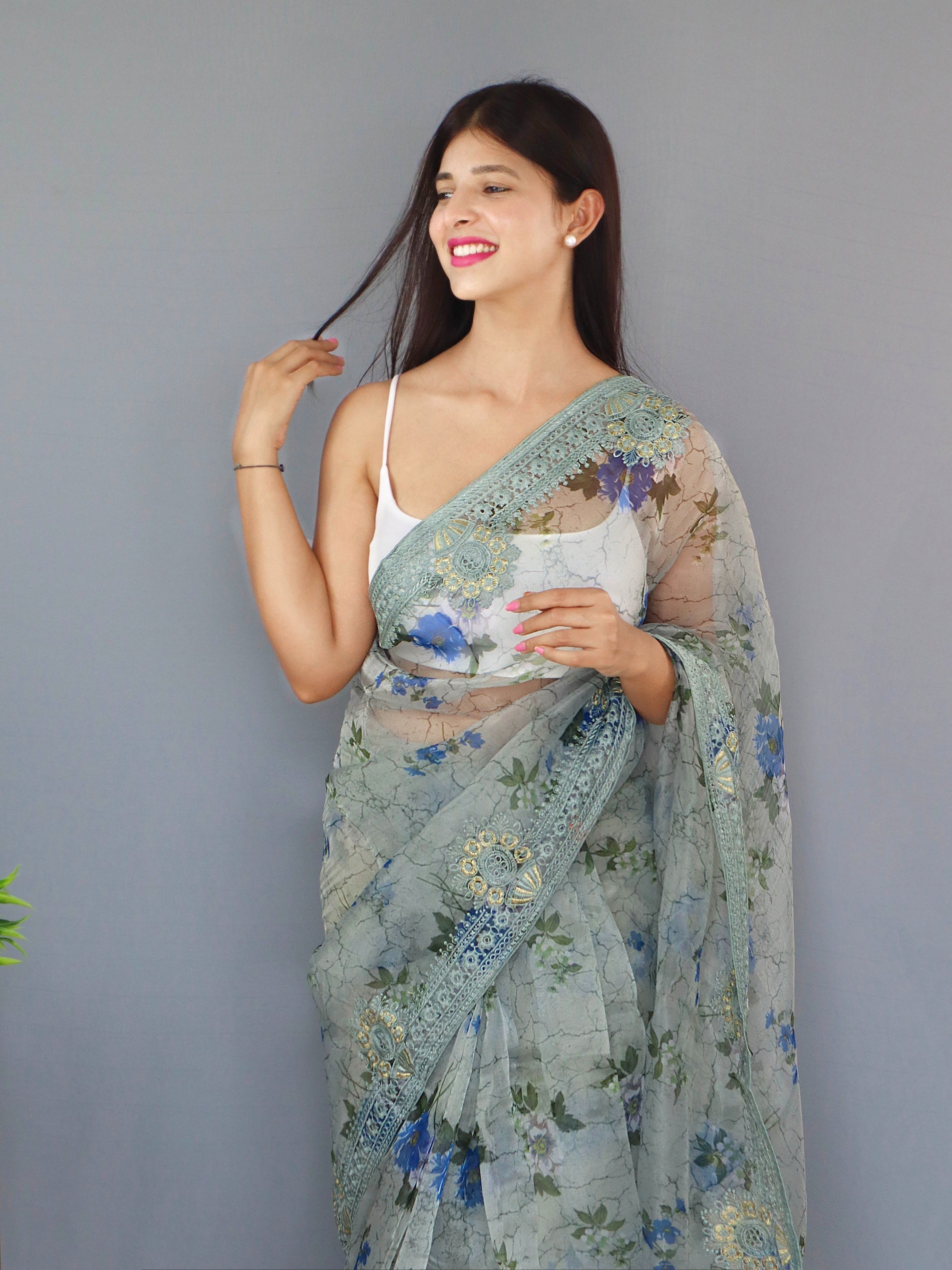 Smoke Grey Organza Digital Floral Printed Saree