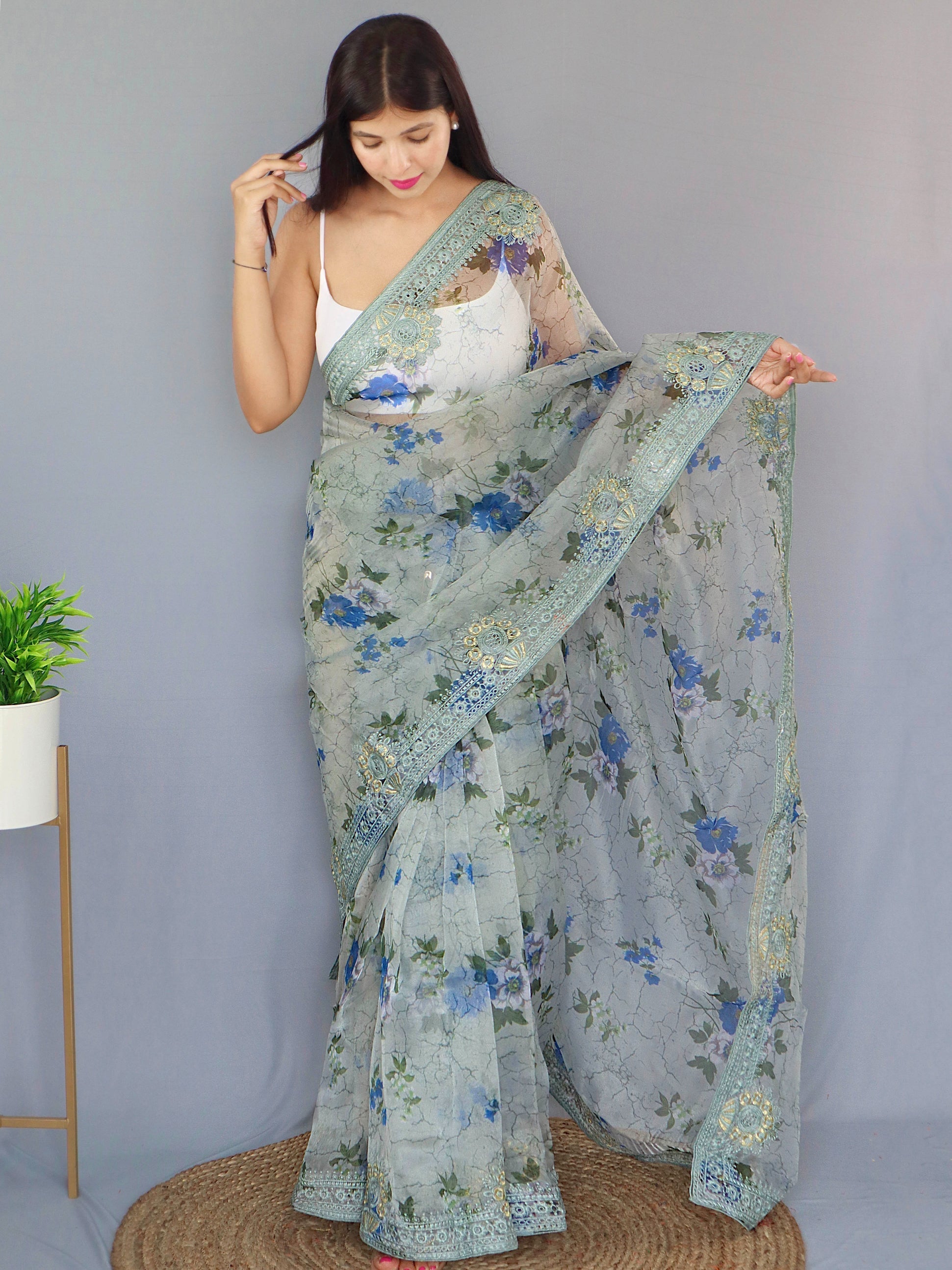 Smoke Grey Organza Digital Floral Printed Saree