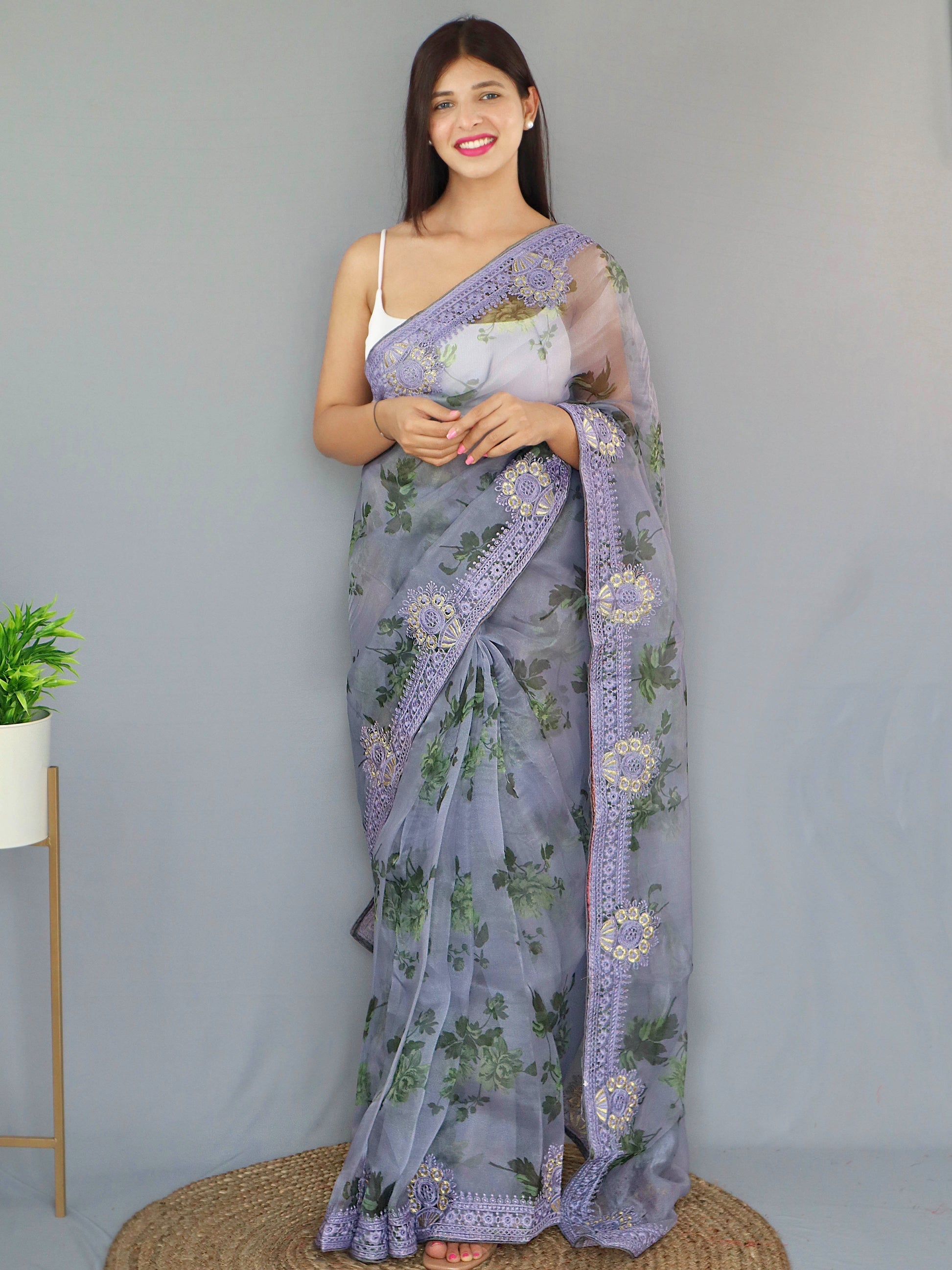 Blueish Grey Organza Digital Floral Printed Saree