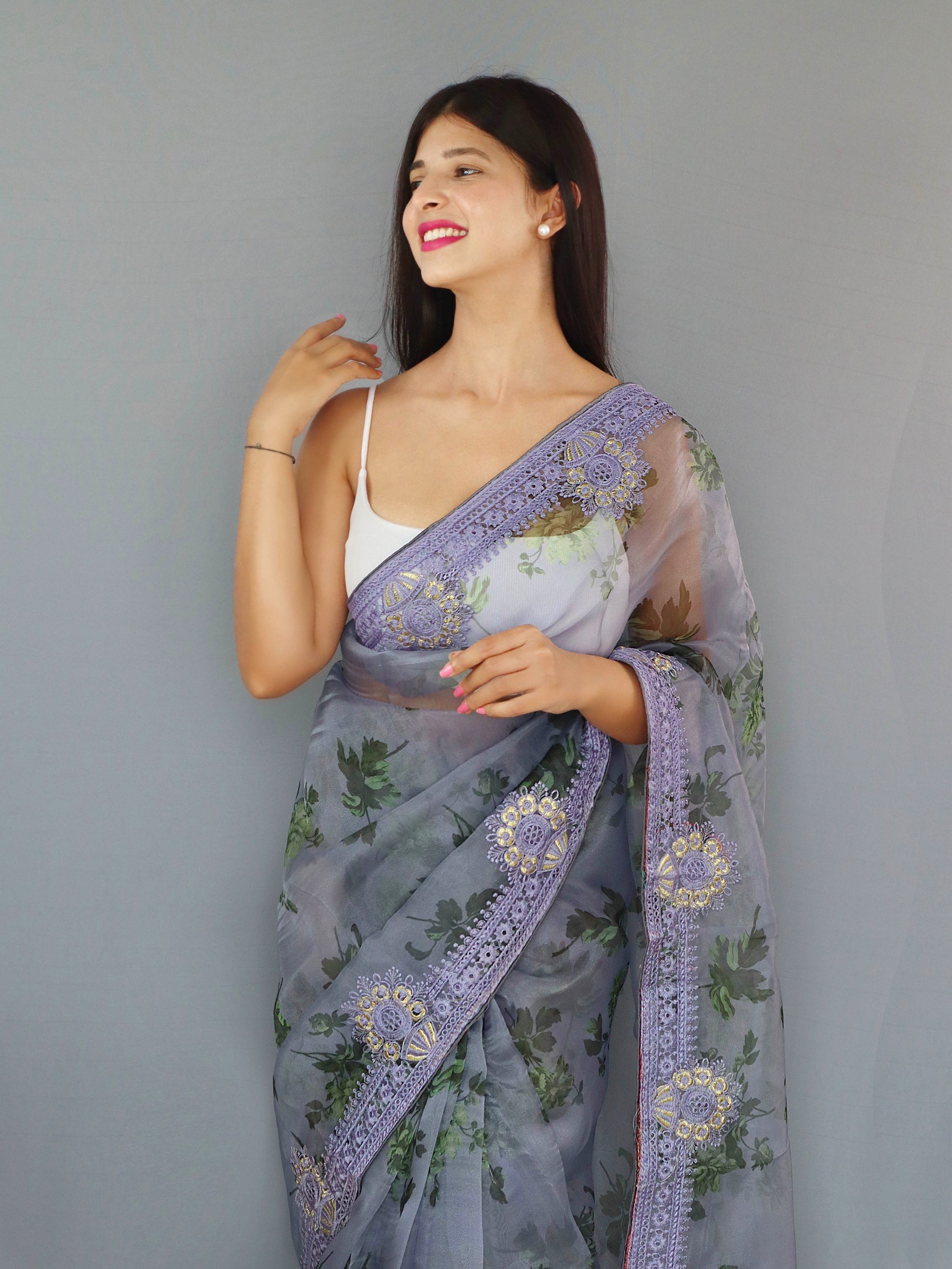 Blueish Grey Organza Digital Floral Printed Saree