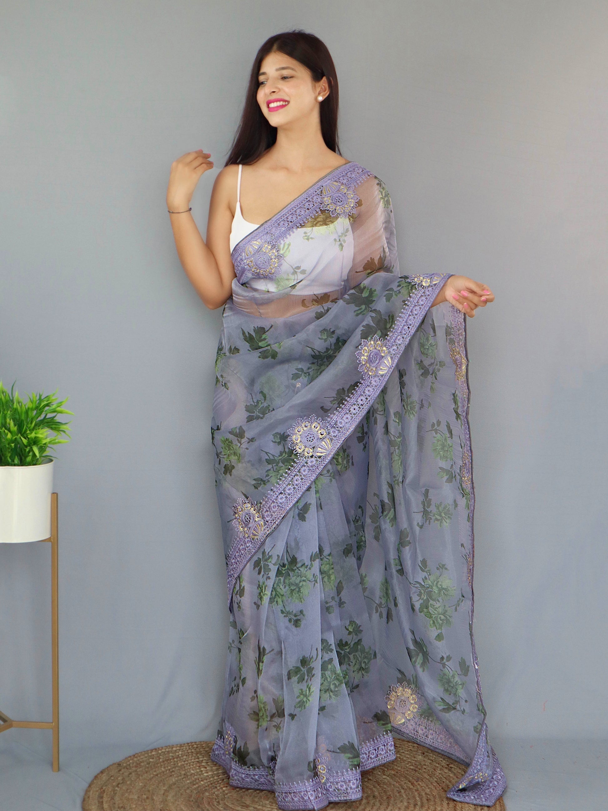 Blueish Grey Organza Digital Floral Printed Saree