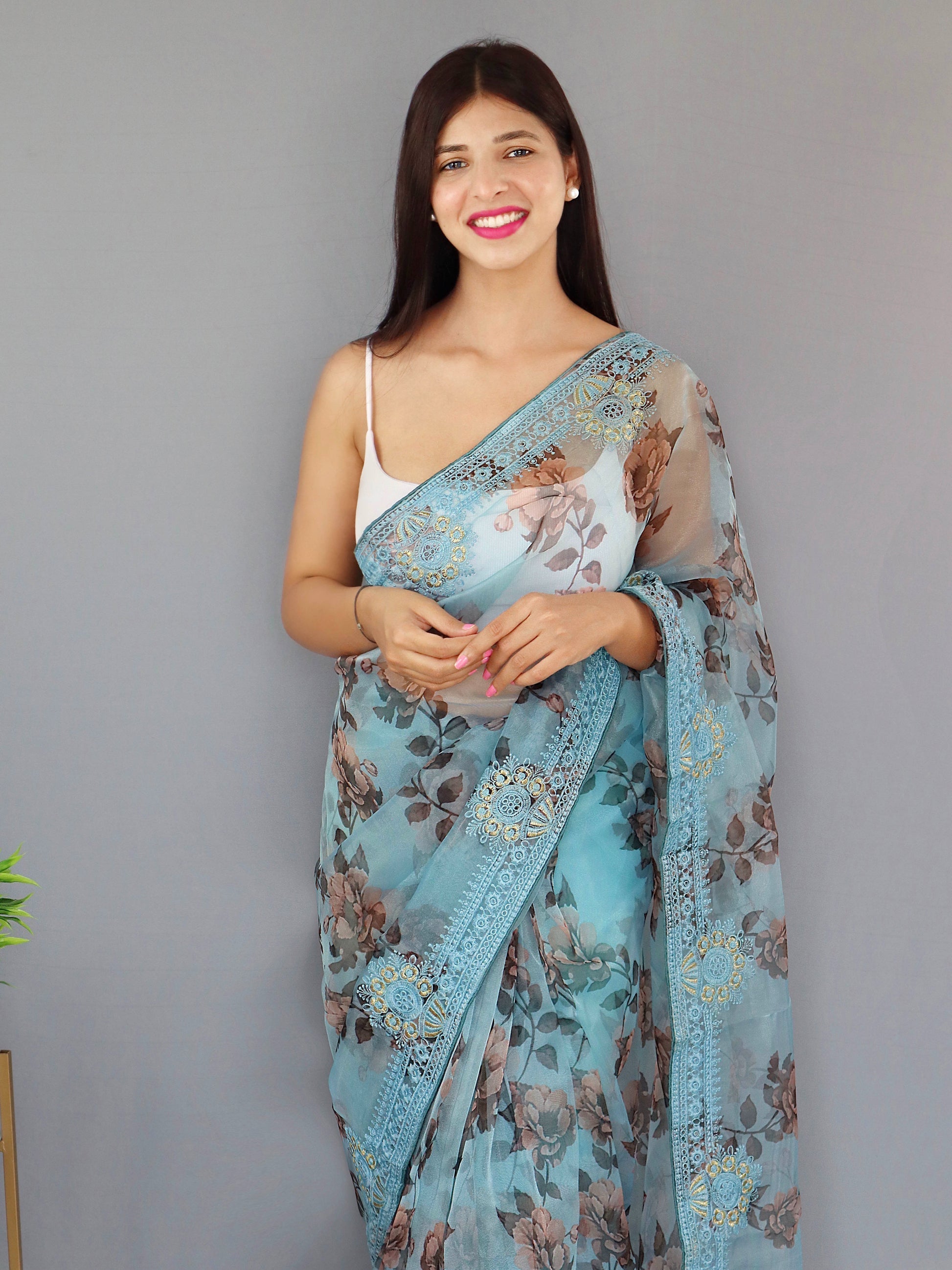 Glacier Blue Organza Digital Floral Printed Saree