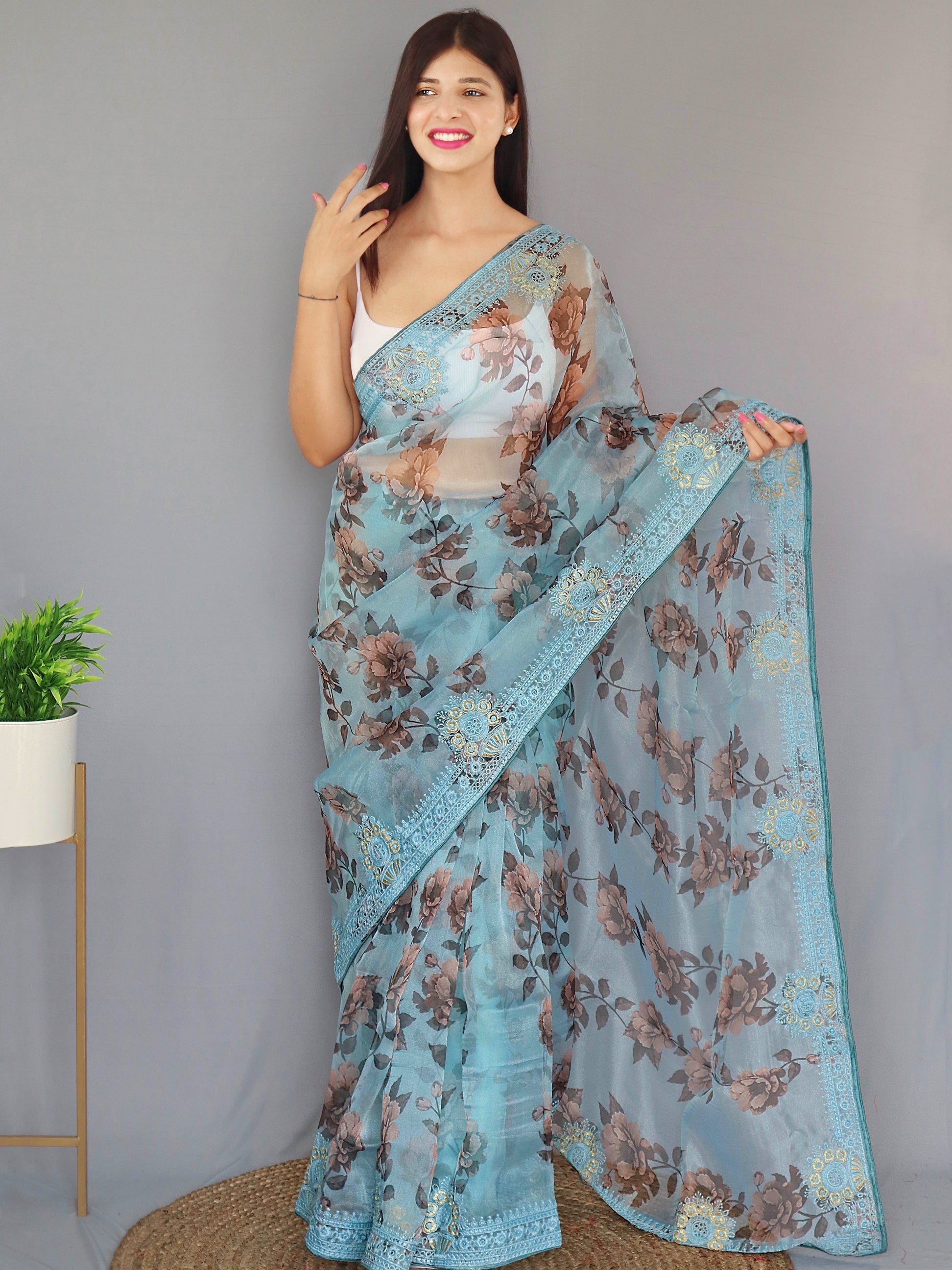 Glacier Blue Organza Digital Floral Printed Saree