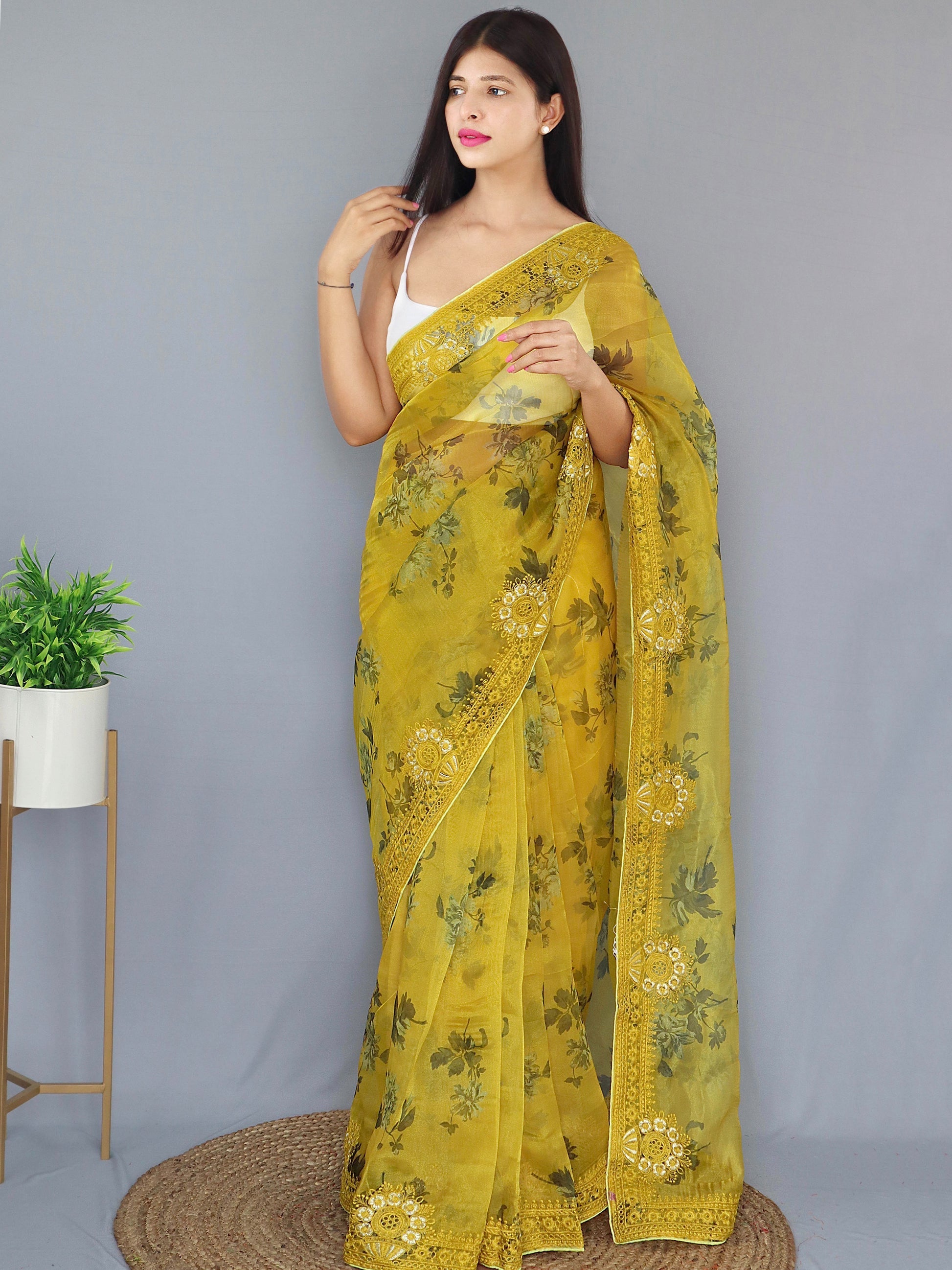 Ronchi Yellow Organza Digital Floral Printed Saree