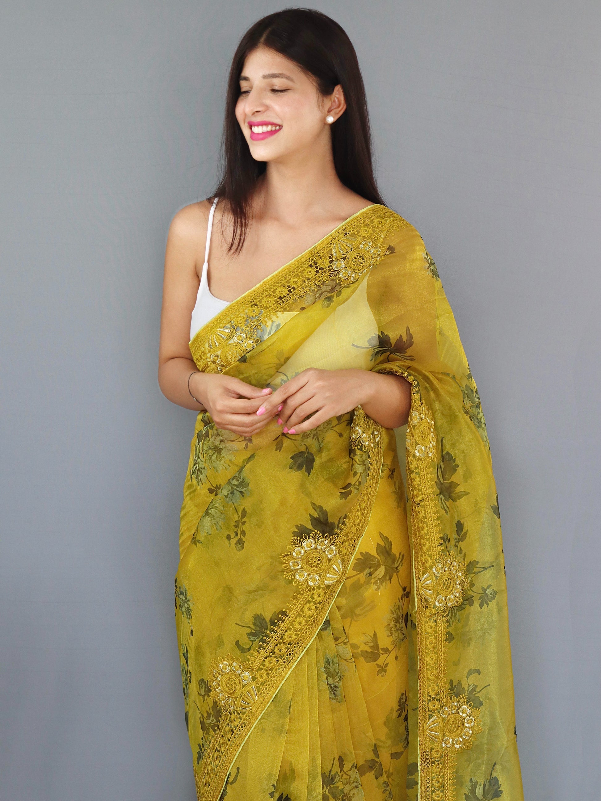 Ronchi Yellow Organza Digital Floral Printed Saree