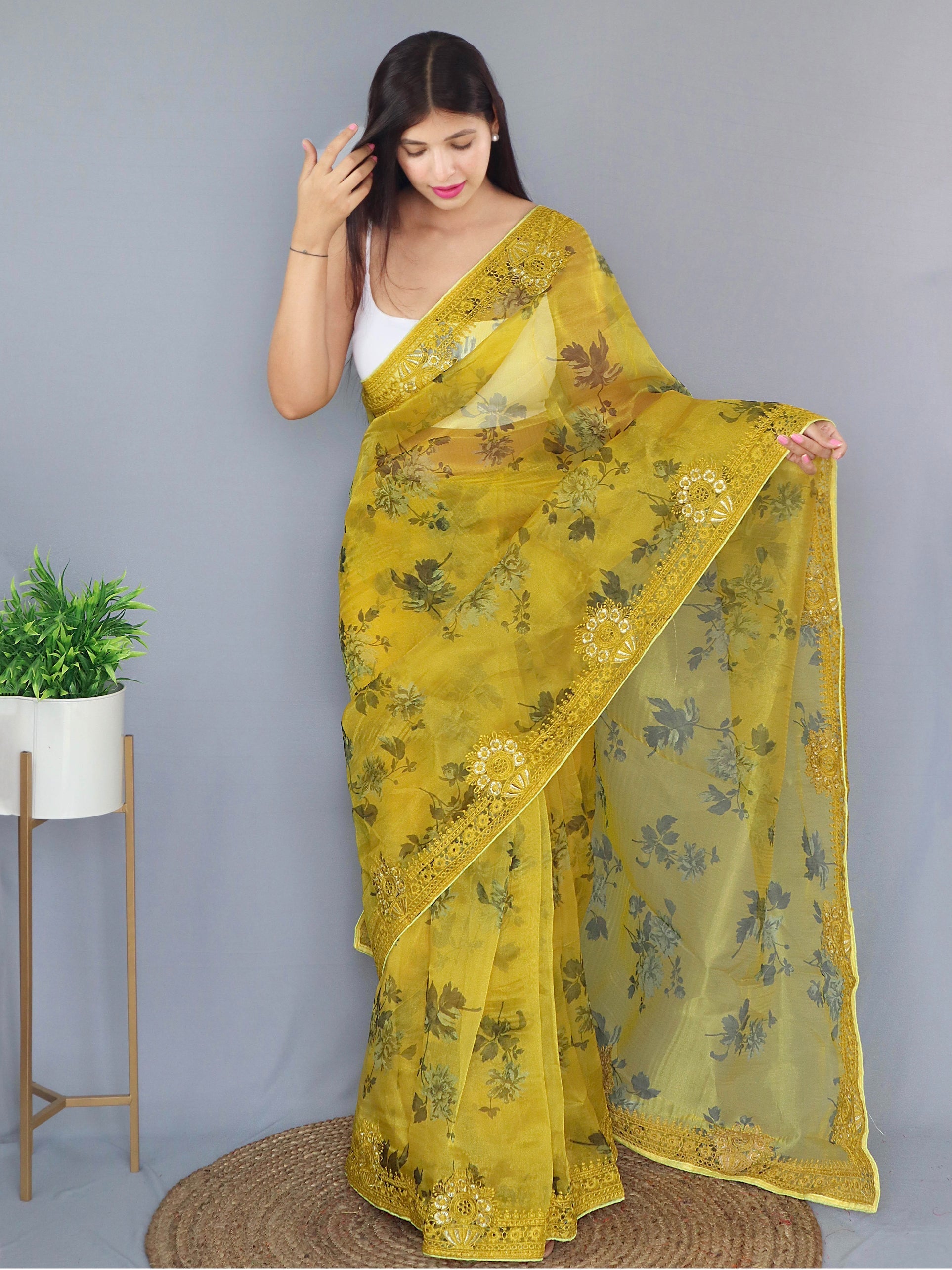 Ronchi Yellow Organza Digital Floral Printed Saree