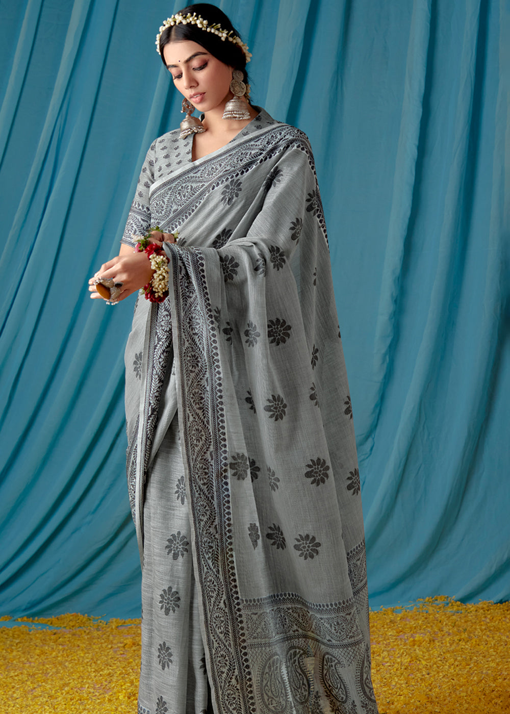 Willow Grove Grey Woven Banarasi Linen Silk Saree