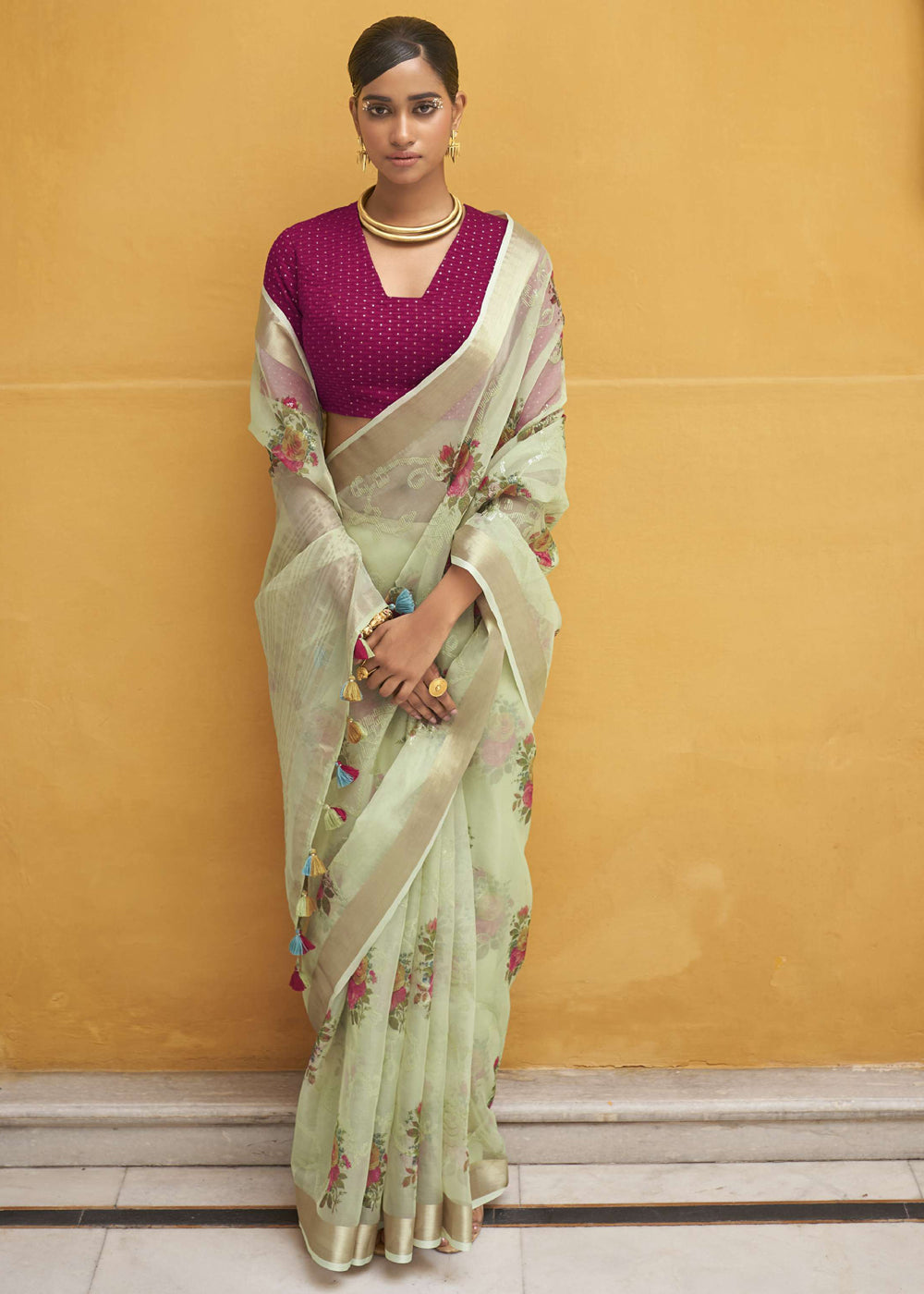 Beryl Green Digital Print Organza Silk Saree