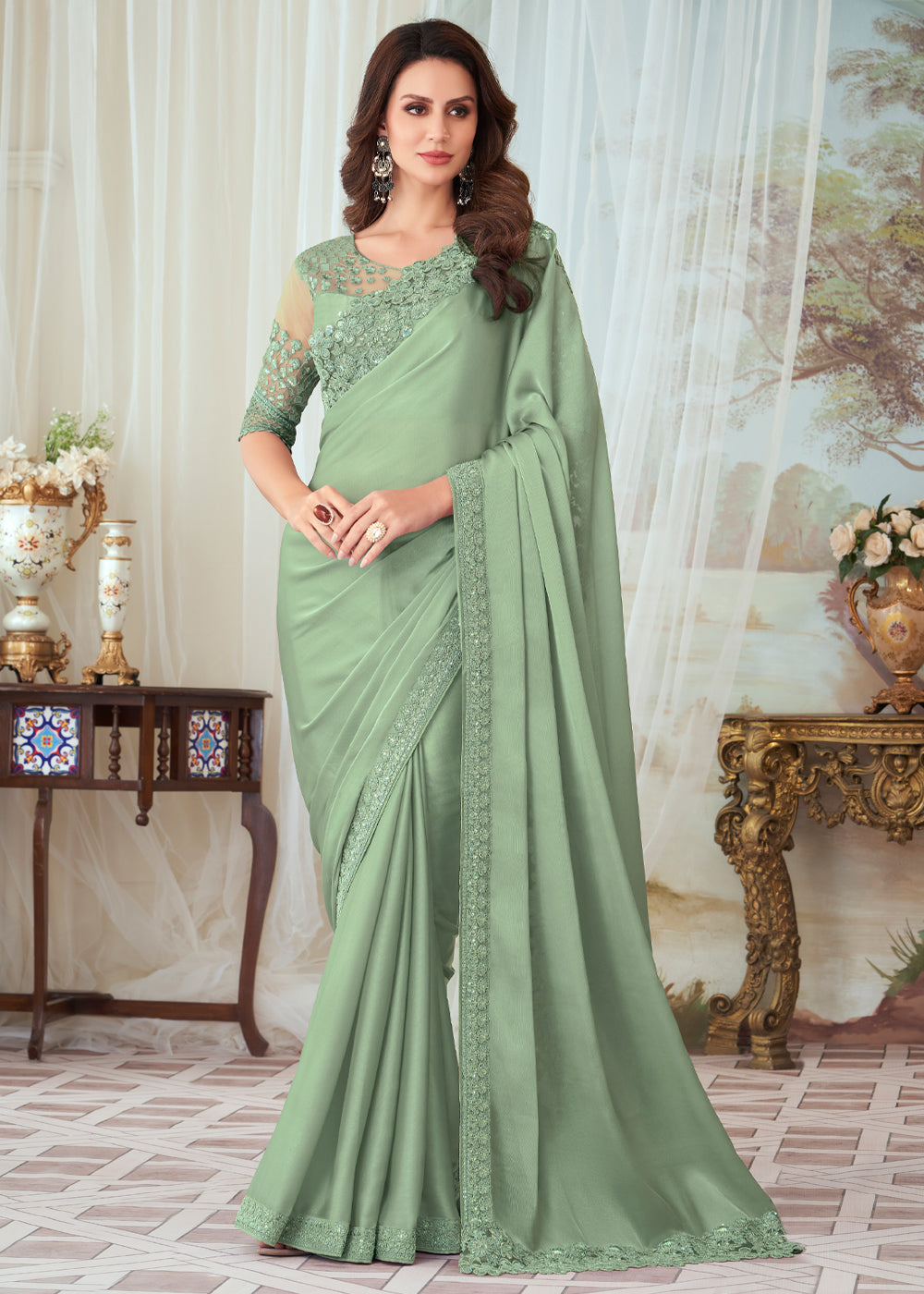 Norway Green Woven Satin Silk Saree