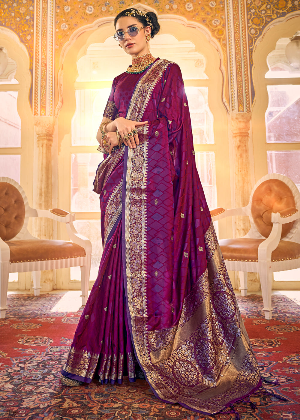 Mulberry Wood Purple Woven Banarasi Satin Silk Saree