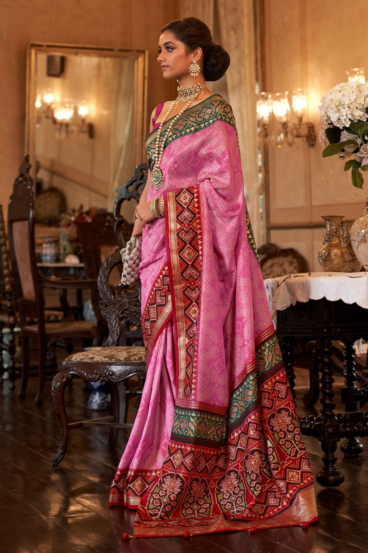 Mauvelous Pink Handloom Patola Silk Saree