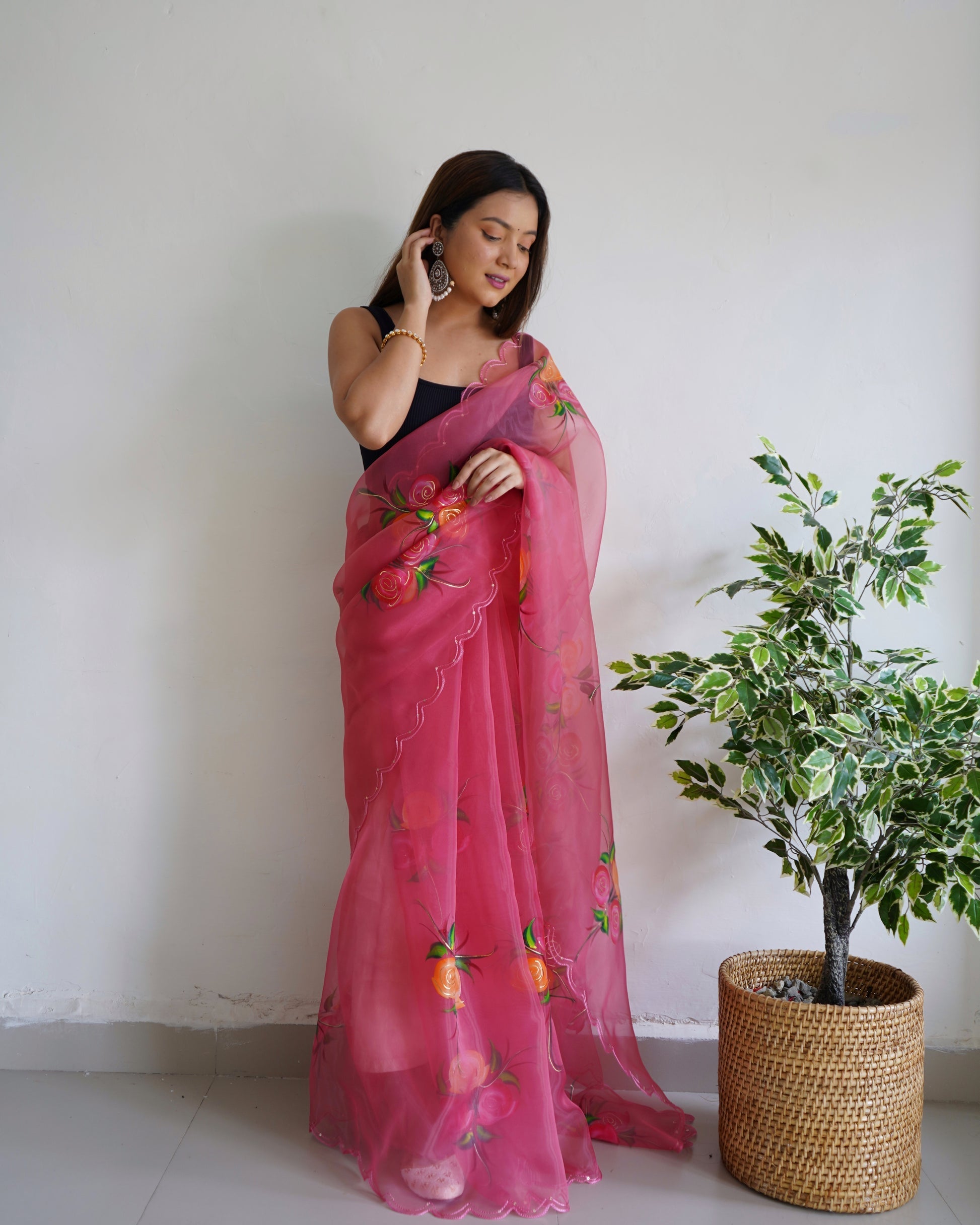 Hopbush Purple Organza Printed Floral Saree