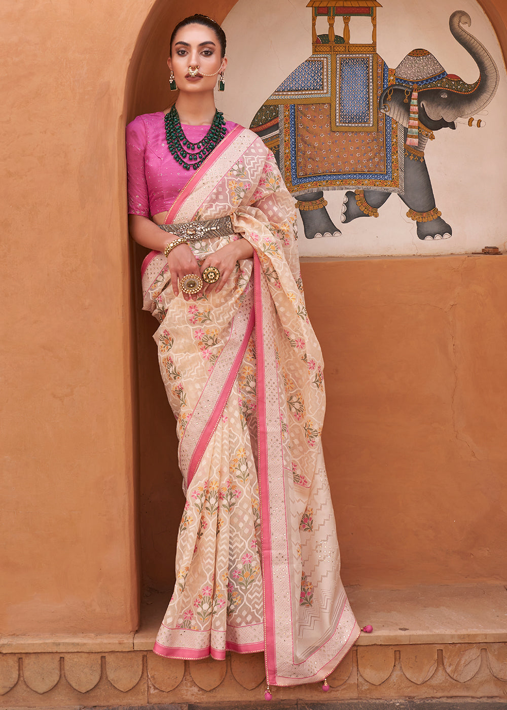 Shilo Pink and Ivory Patola Printed Tissue Silk Saree