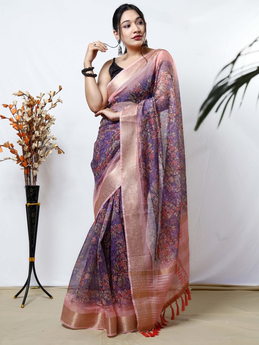 Almond Pink Organza Kalamkari Printed with Sequins Jacquard Woven Saree