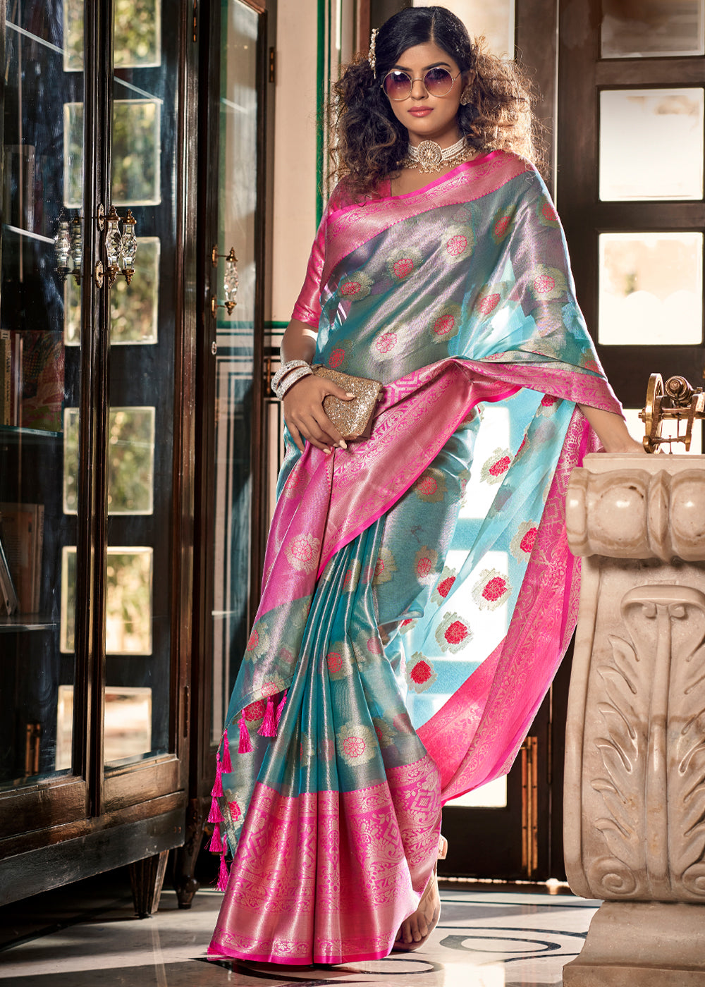 Sea Nymph Blue and Pink Woven Banarasi Organza Silk Saree