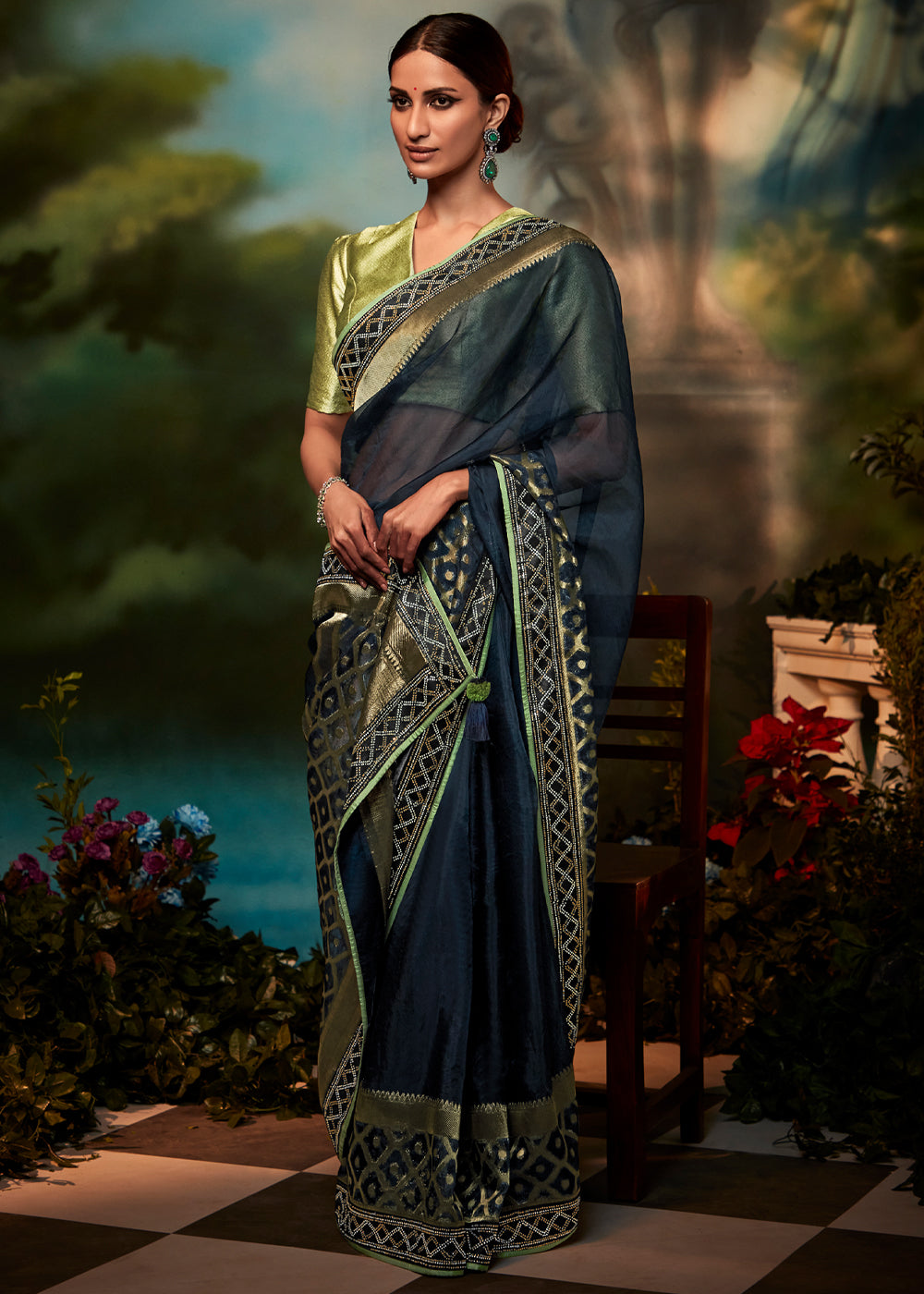 Woodsmoke Blue Woven Designer Organza Silk Saree